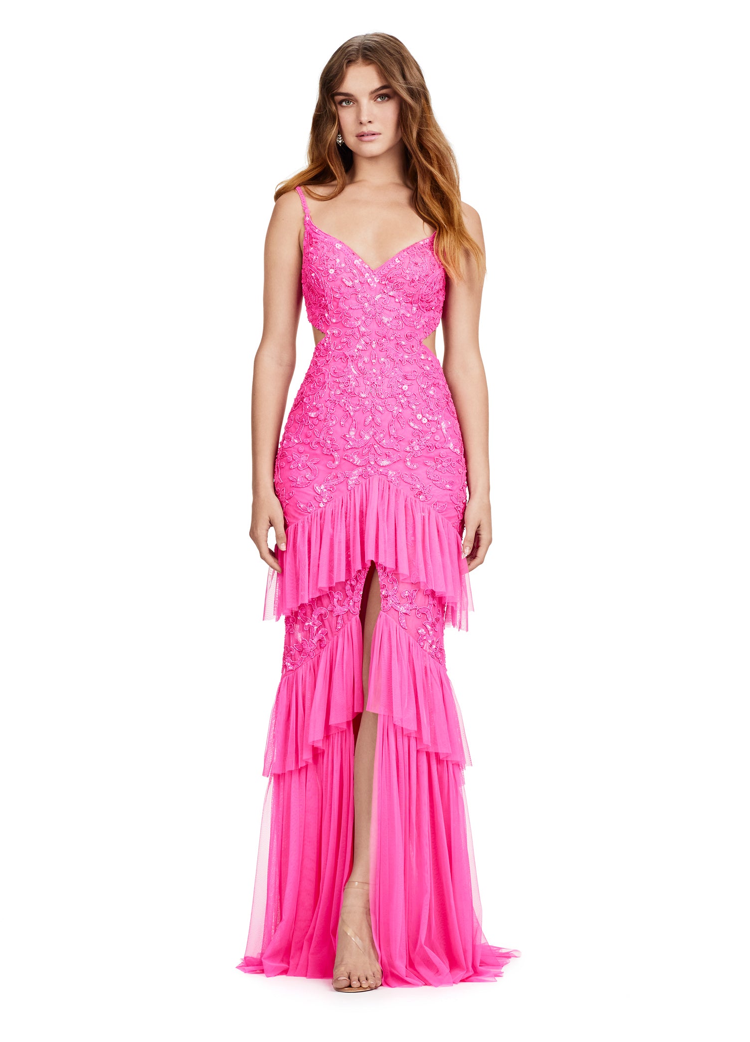 Sloane ASHLEYlauren Dress | Pink Cut Out, Open Back, Beaded Ruffle Gown