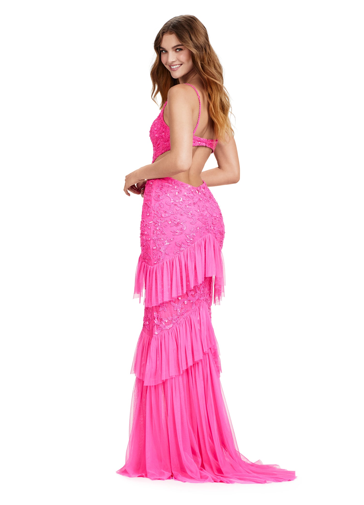 Sloane ASHLEYlauren Dress | Pink Cut Out, Open Back, Beaded Ruffle Gown