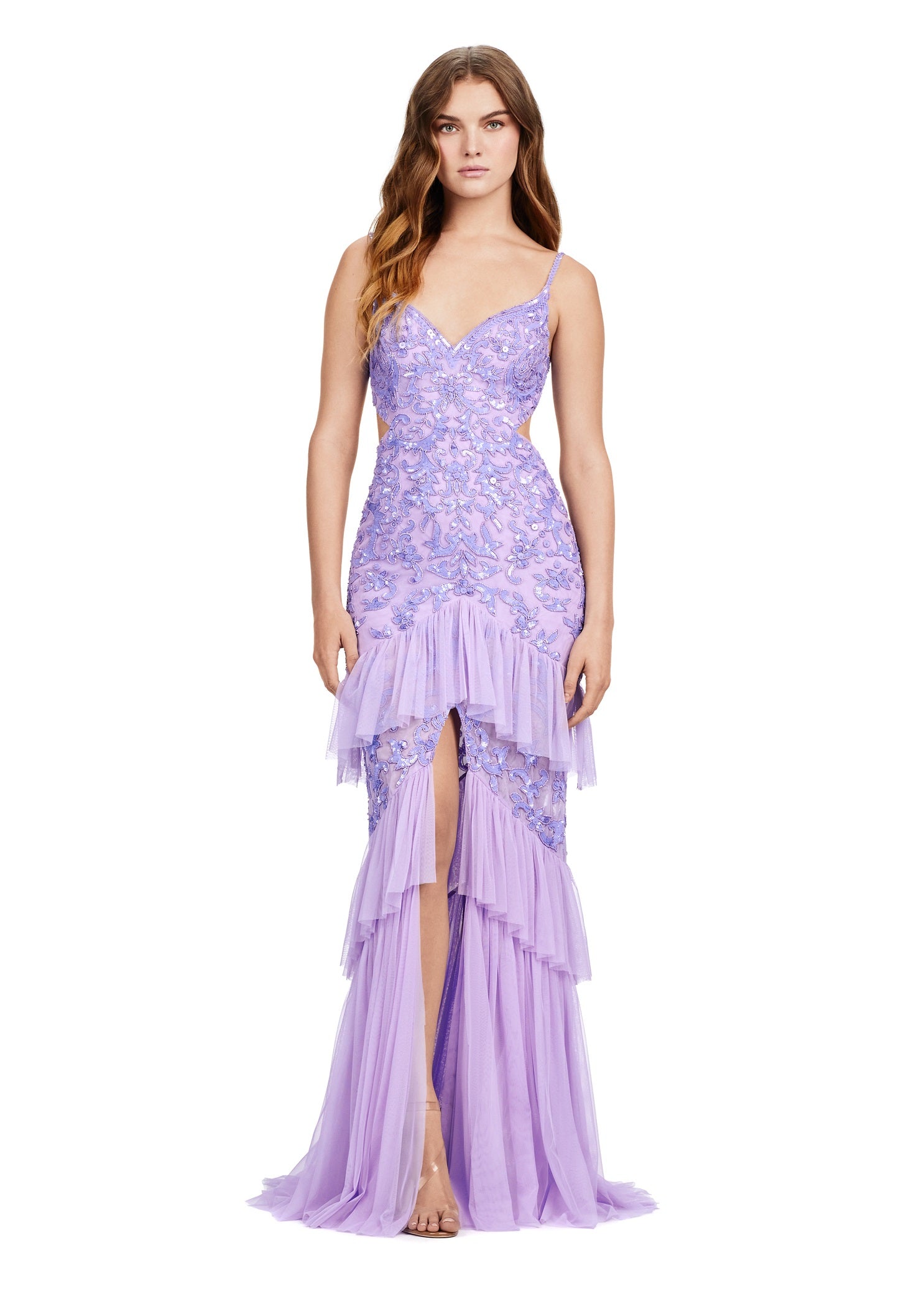 Sloane ASHLEYlauren Dress | Purple Cut Out, Open Back, Beaded Ruffle Gown