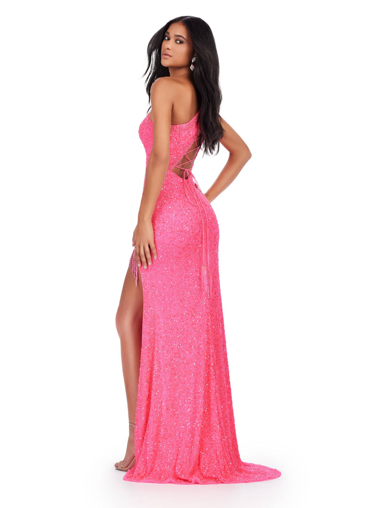 Pink One-Shoulder Beaded Evening Gown with Tassled Thigh-High Slit & Cross Back Detail – Glamorous Formal Wear