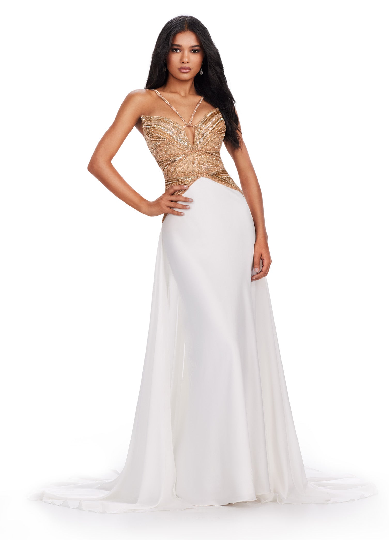 Elegant evening gown featuring a fitted, gold-embellished bodice with a keyhole detail, paired with a flowing white skirt that adds a touch of sophistication and grace.