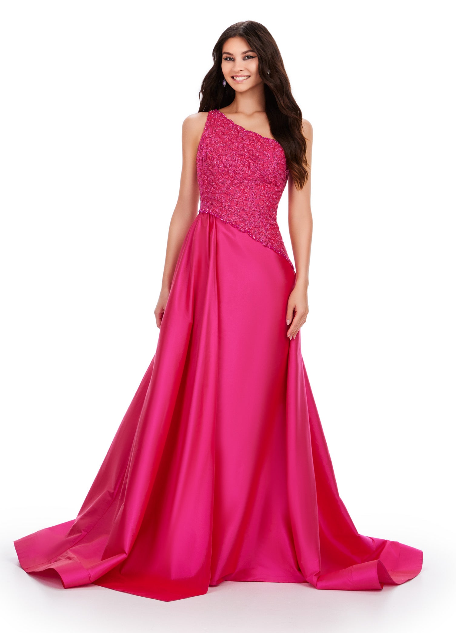 Vibrant Fuchsia One-Shoulder Ball Gown with Beaded Bodice