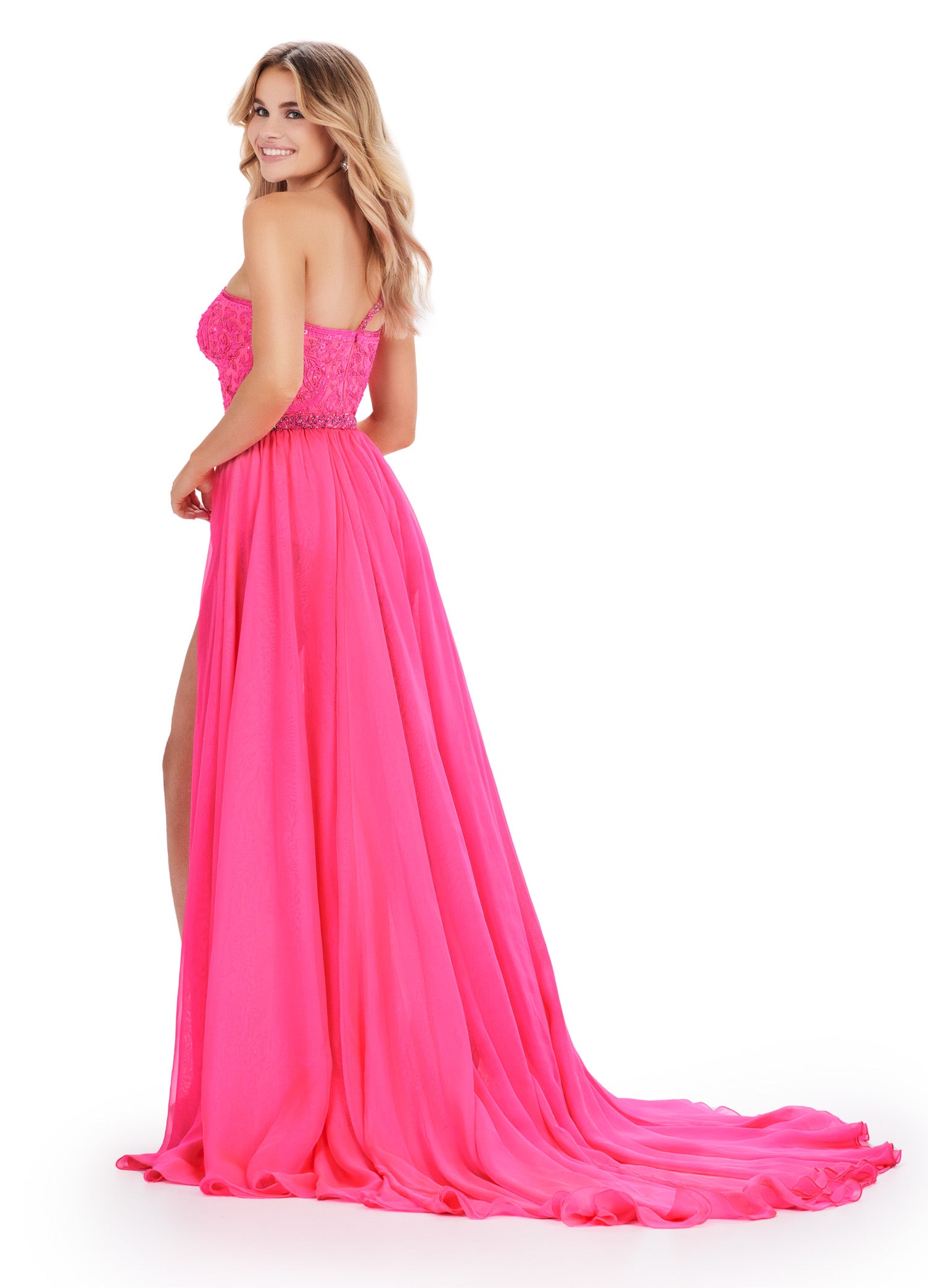 Pink One-Shoulder Evening Gown with Beaded Bodice and Thigh-High Slit – Elegant Formal Wear