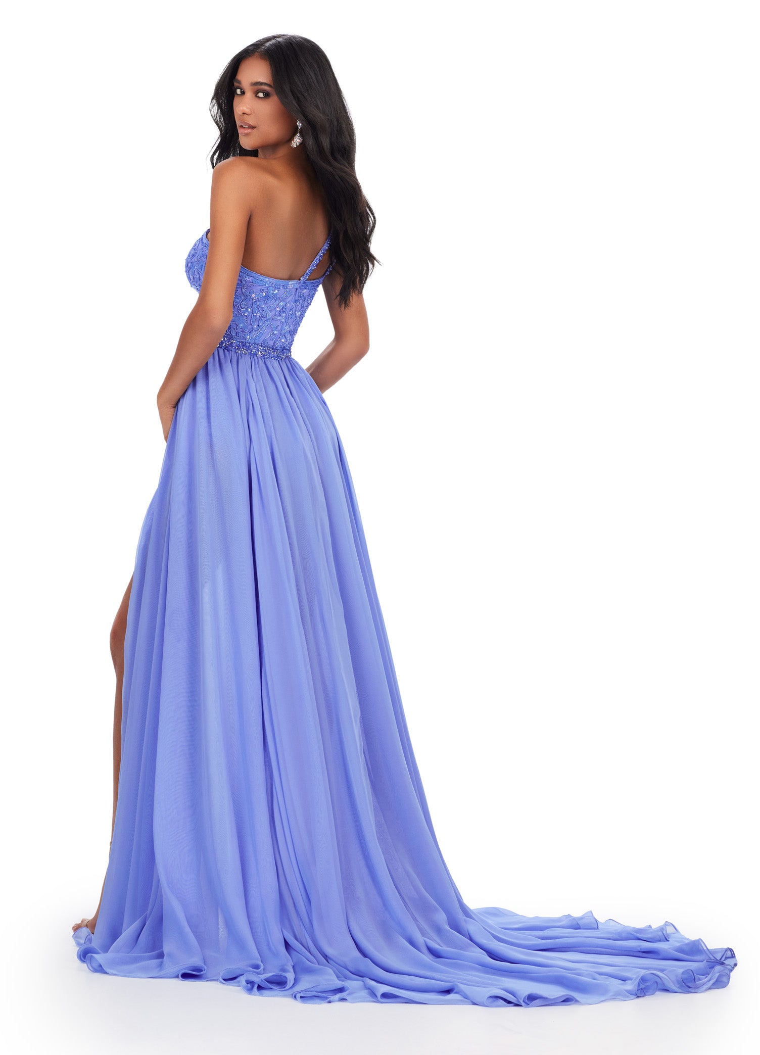 Lilac One-Shoulder Evening Gown with Beaded Bodice and Thigh-High Slit – Elegant Formal Wear