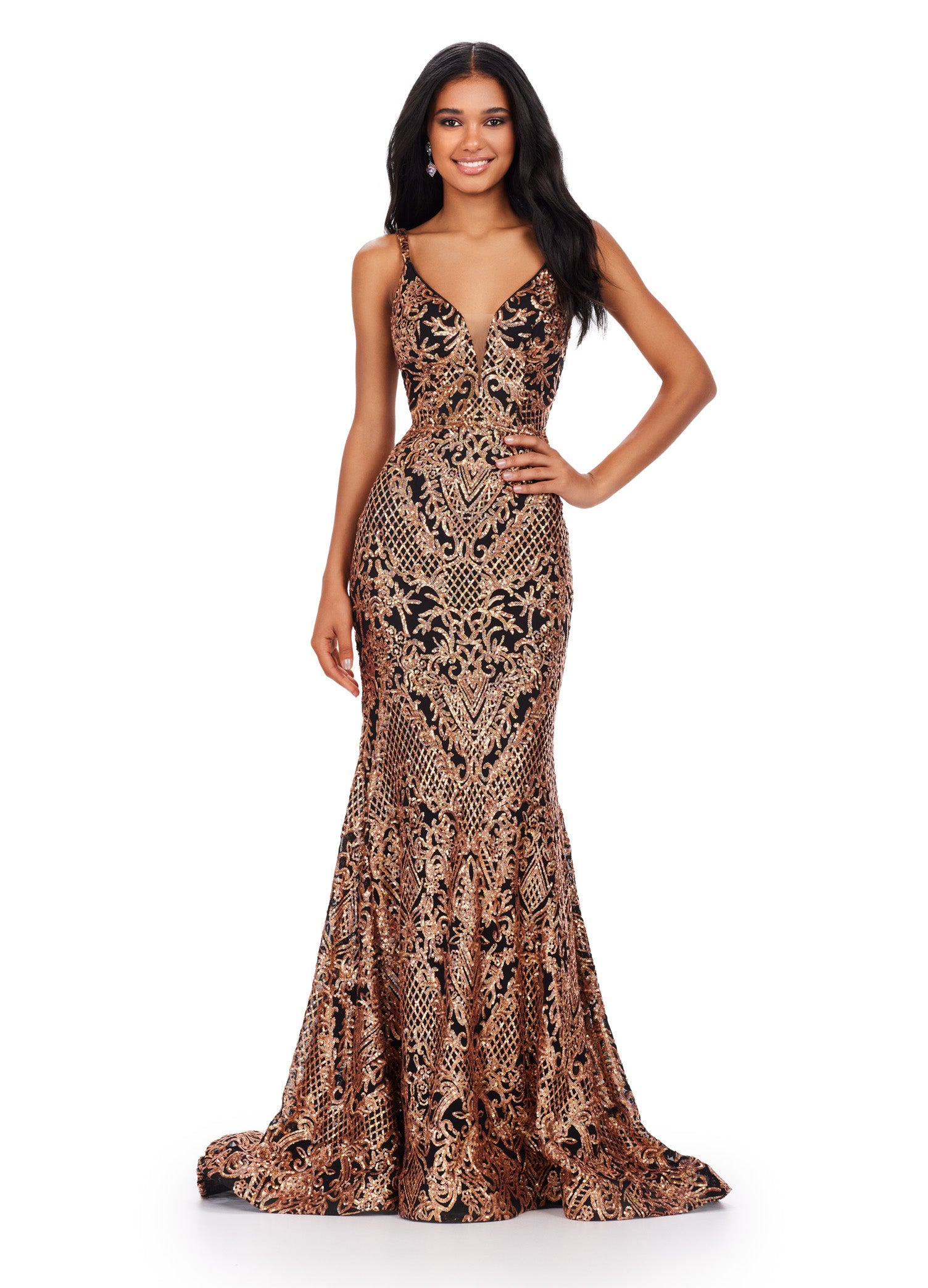 Black and Gold Embellished Plunge Neck Evening Gown – Luxury Formal Wear with Sparkling Detailing