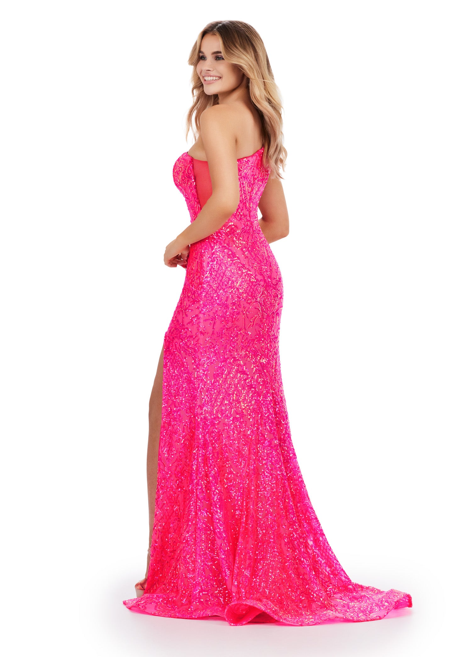 Pink One-Shoulder Embellished Evening Gown with Thigh-High Slit – Glamorous Formal Wear