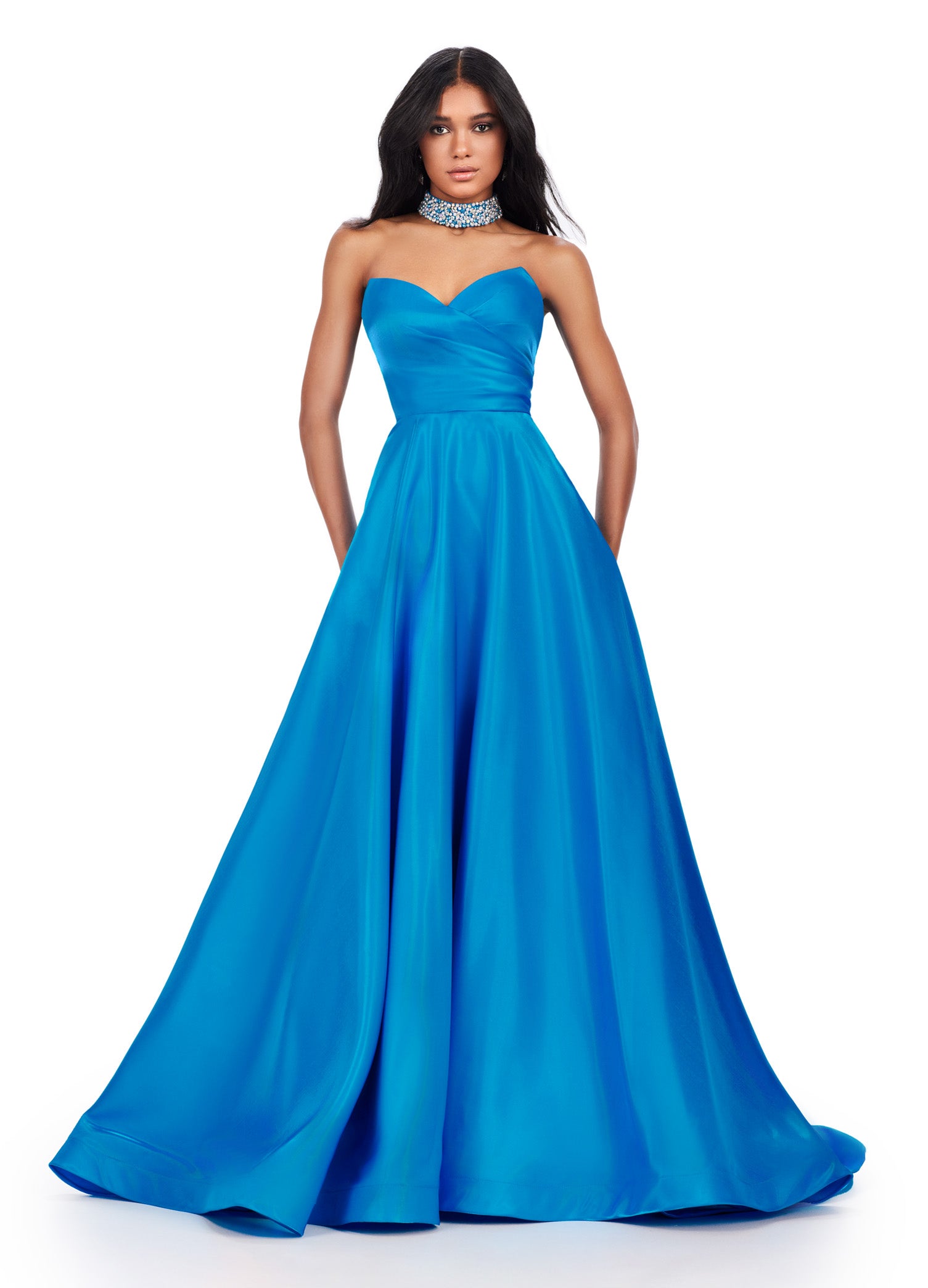 Elegant Blue strapless ball gown with sweetheart neckline, perfect for formal occasions or weddings.