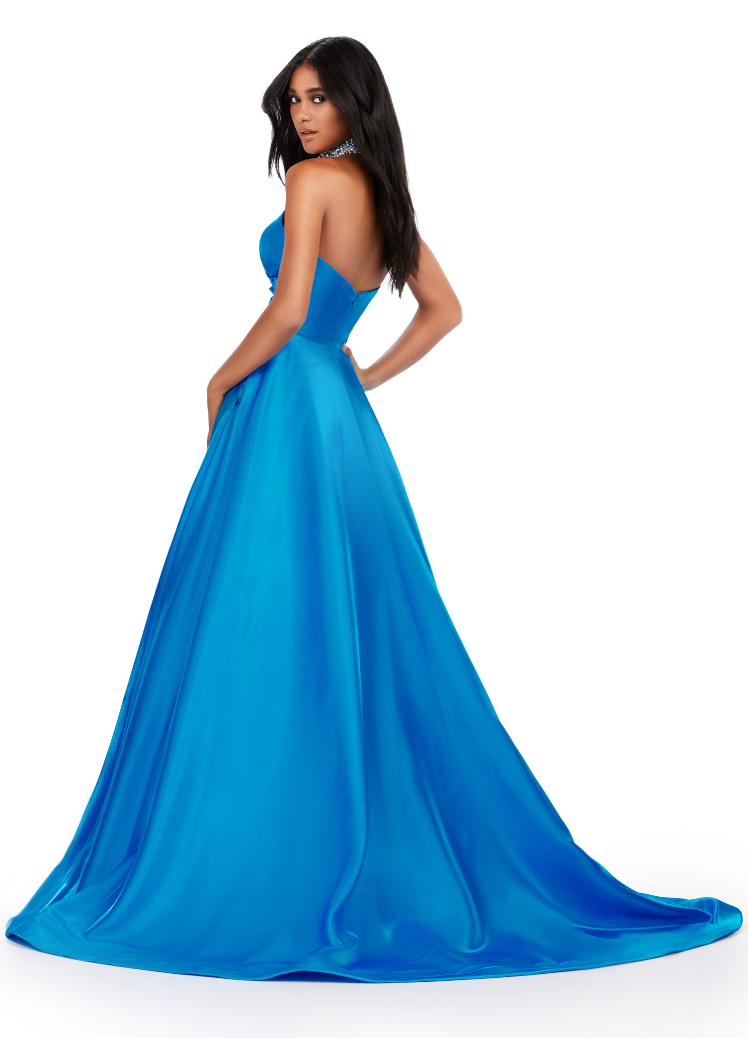 Elegant Blue strapless ball gown with sweetheart neckline, perfect for formal occasions or weddings.