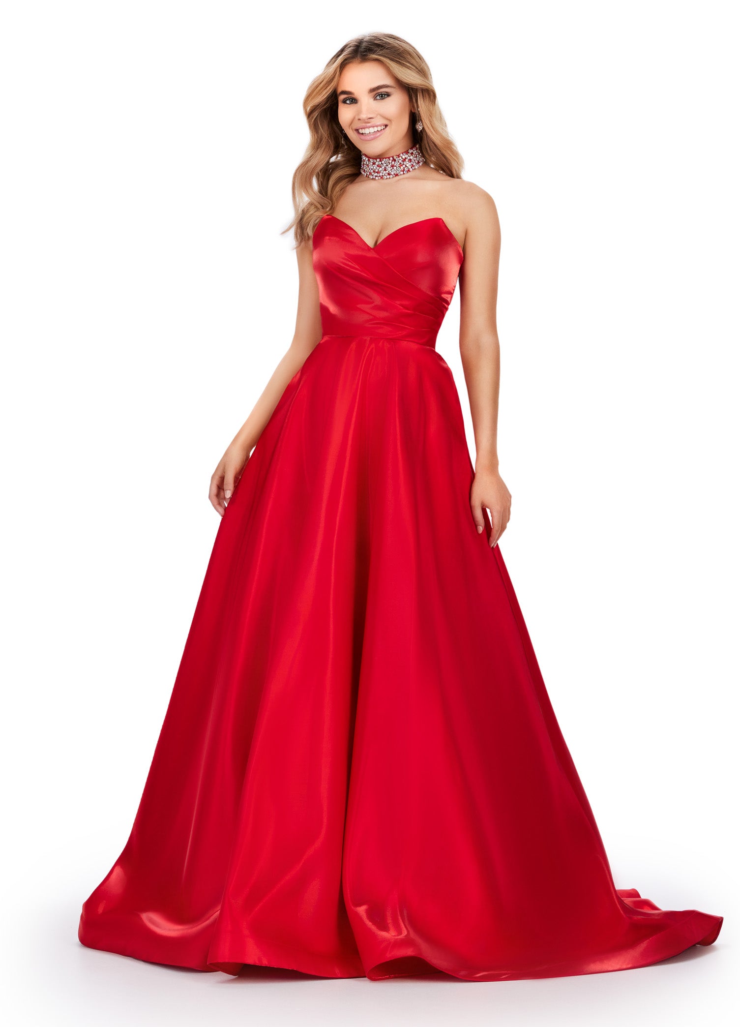 Elegant Red strapless ball gown with sweetheart neckline, perfect for formal occasions or weddings.