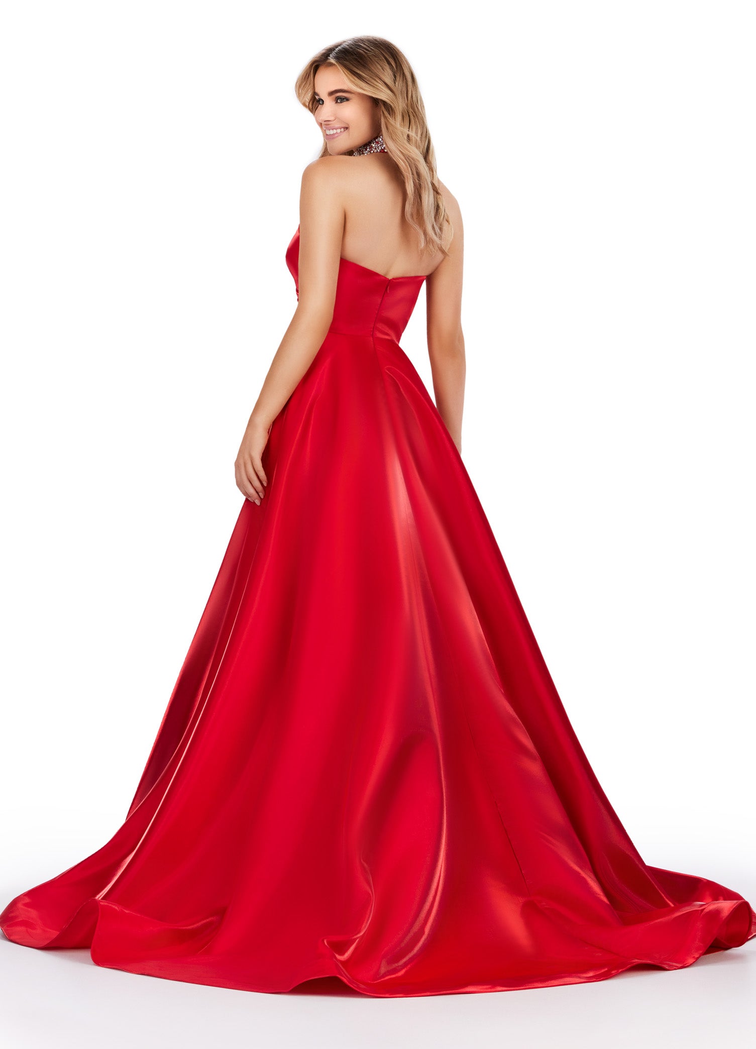 Elegant Red strapless ball gown with sweetheart neckline, perfect for formal occasions or weddings.