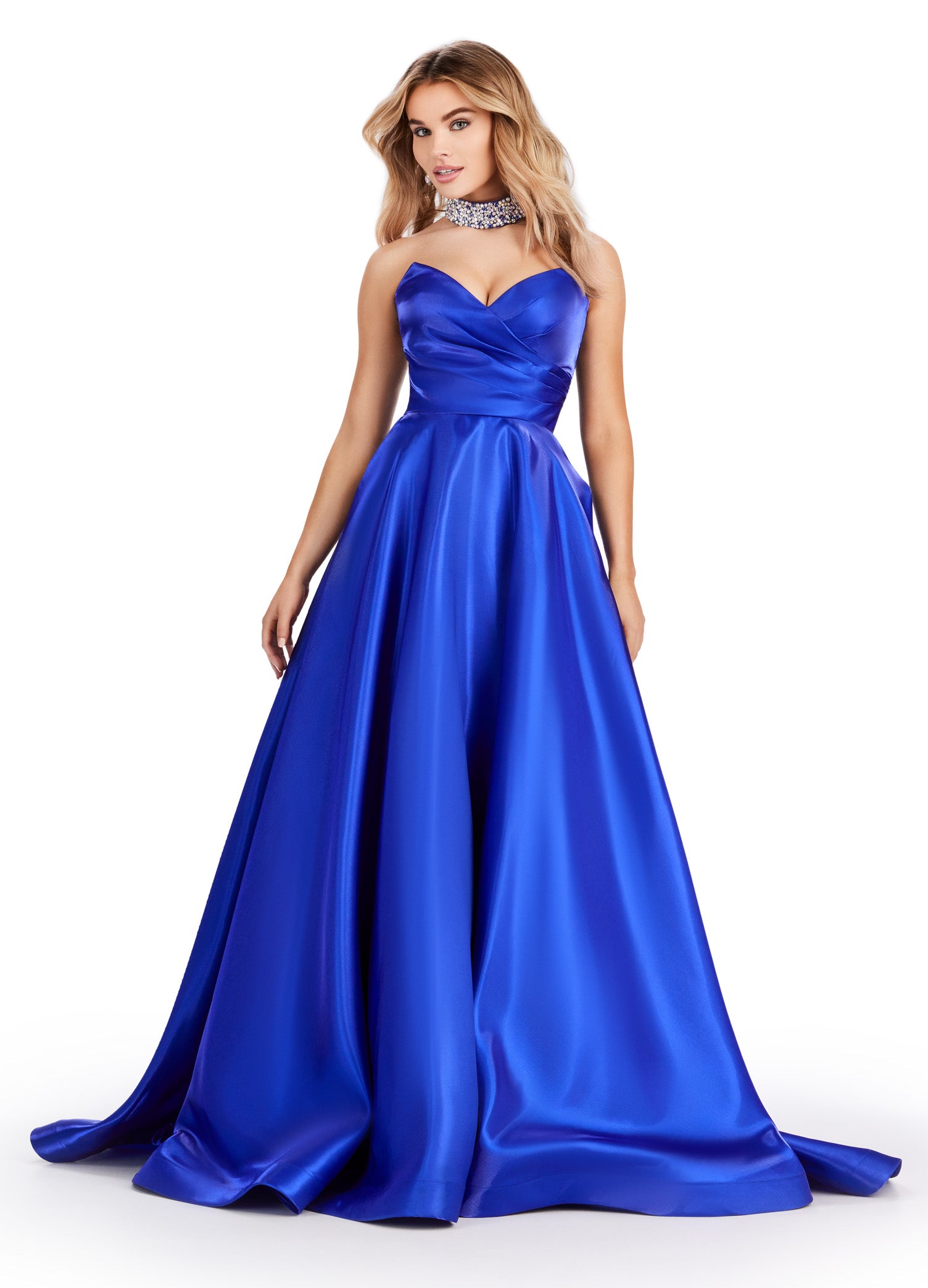 Elegant Blue strapless ball gown with sweetheart neckline, perfect for formal occasions or weddings.