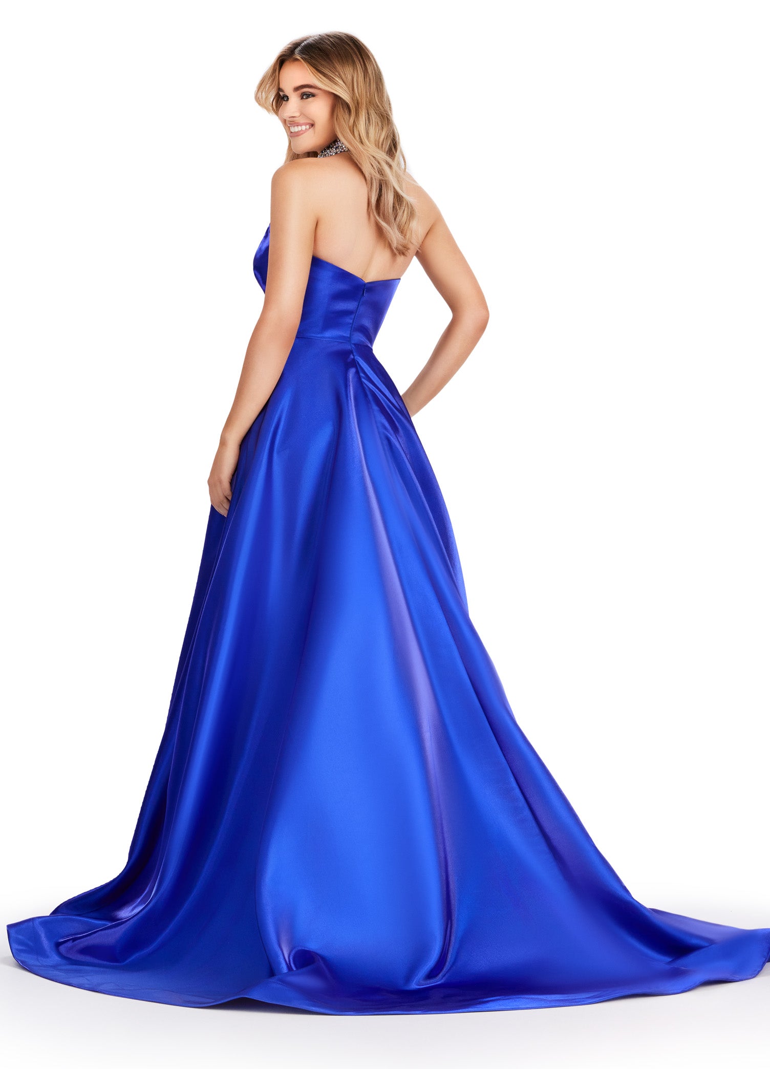 Elegant Blue strapless ball gown with sweetheart neckline, perfect for formal occasions or weddings.