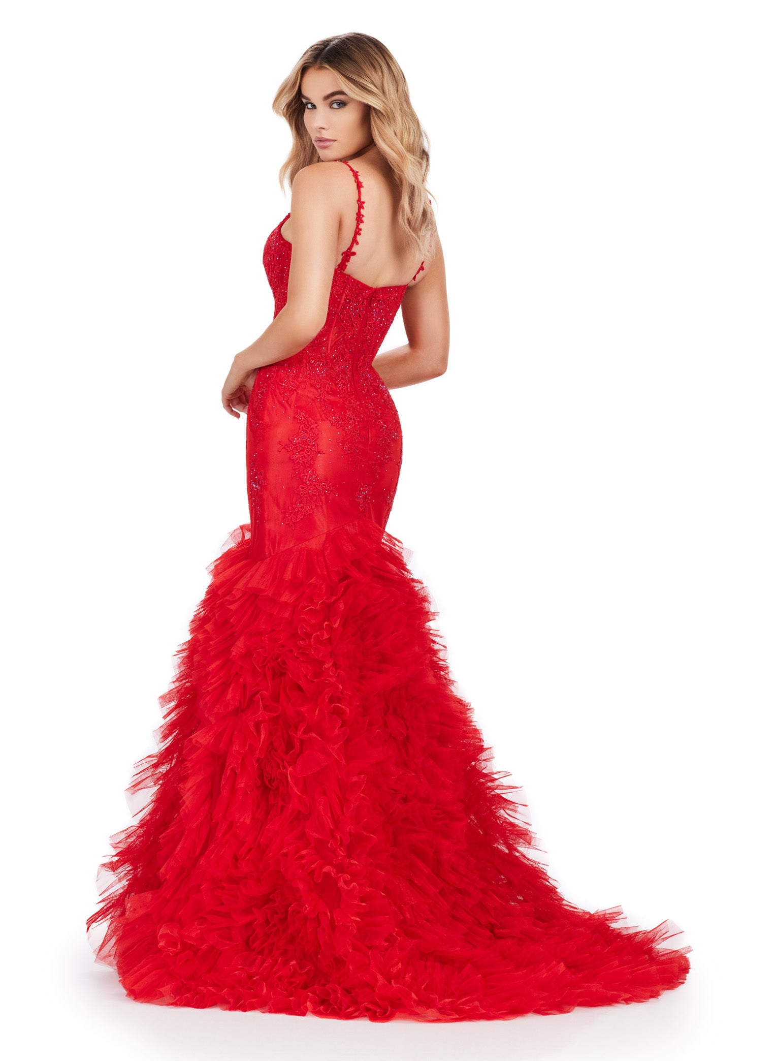 Strapless red mermaid gown with a fitted bodice and voluminous tulle skirt, perfect for luxury evening wear and formal events