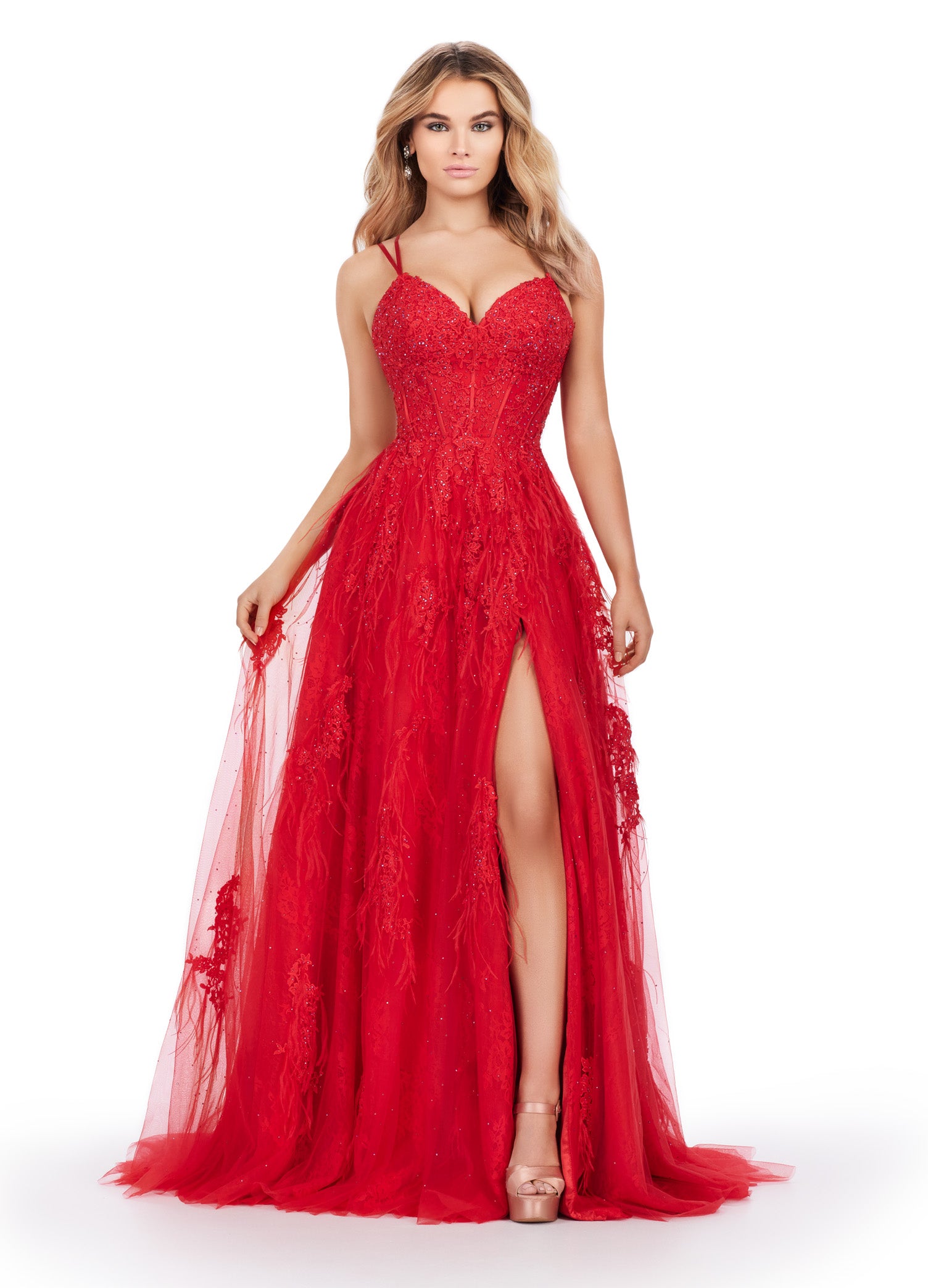 Dramatic Red Lace Gown with Thigh-High Slit | Luxury Evening Dress