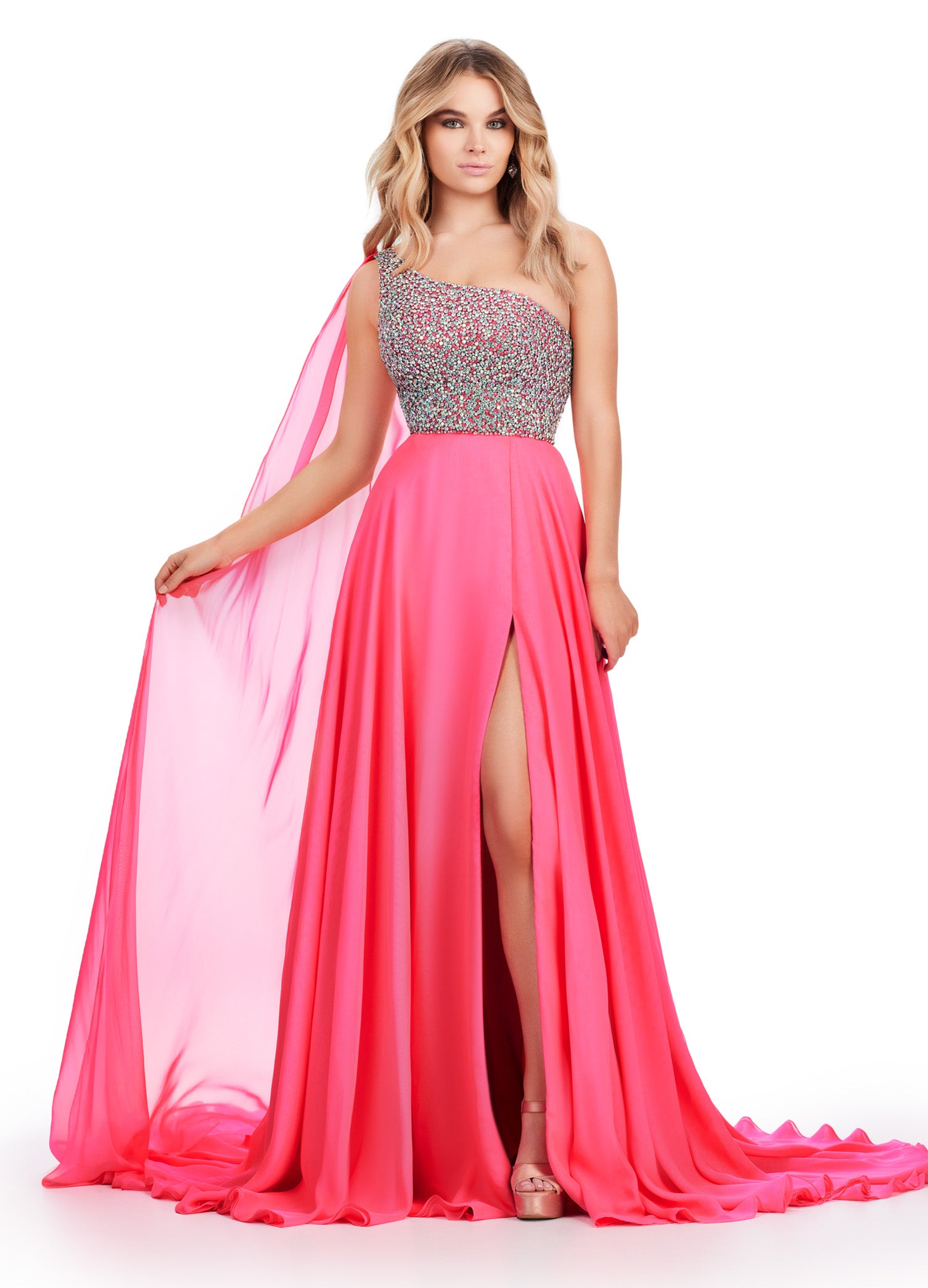 Hot Pink One-Shoulder Evening Gown with Embellished Bodice and Thigh-High Slit – Elegant Formal Wear