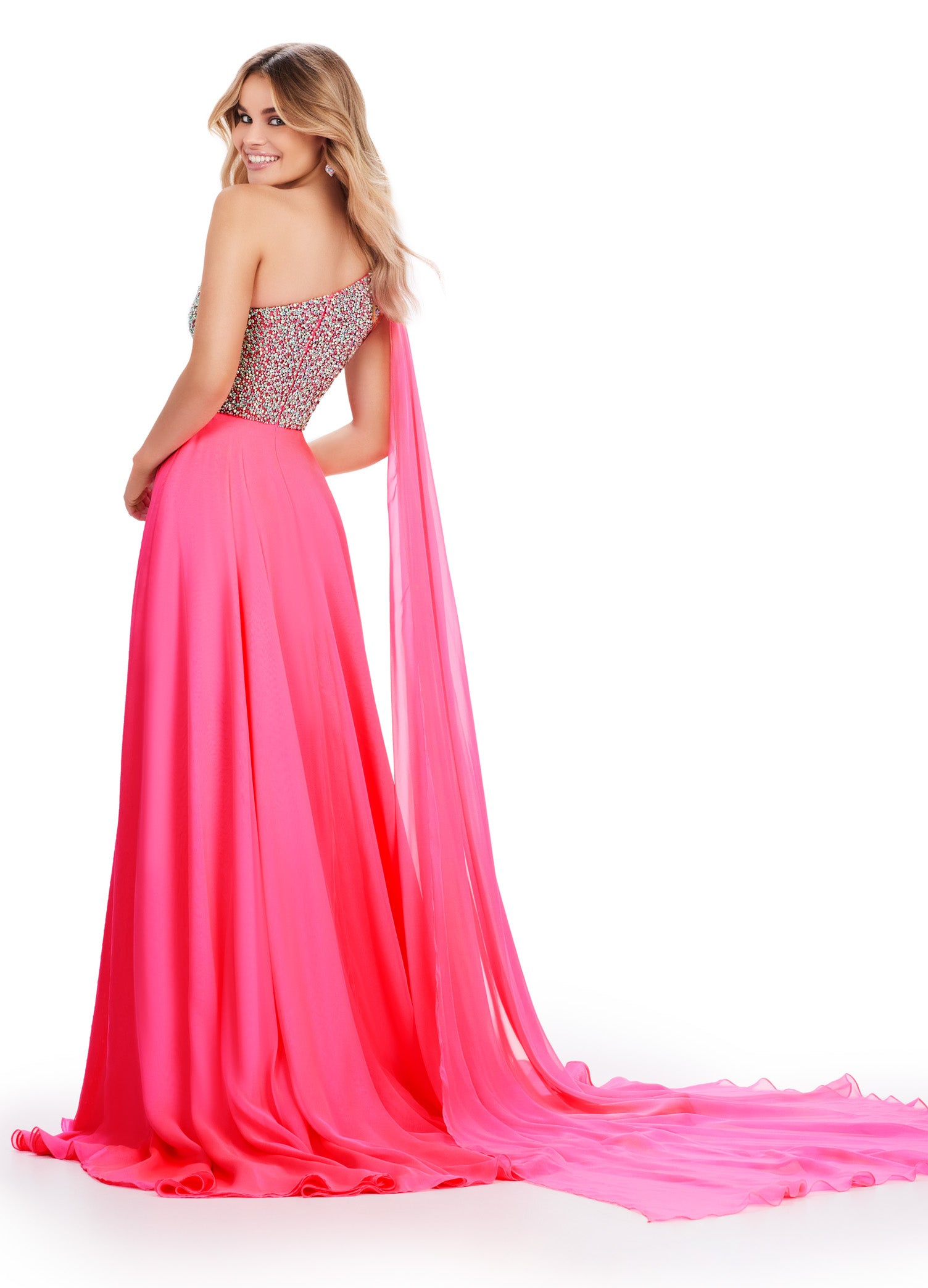 Hot Pink One-Shoulder Evening Gown with Embellished Bodice and Thigh-High Slit – Elegant Formal Wear