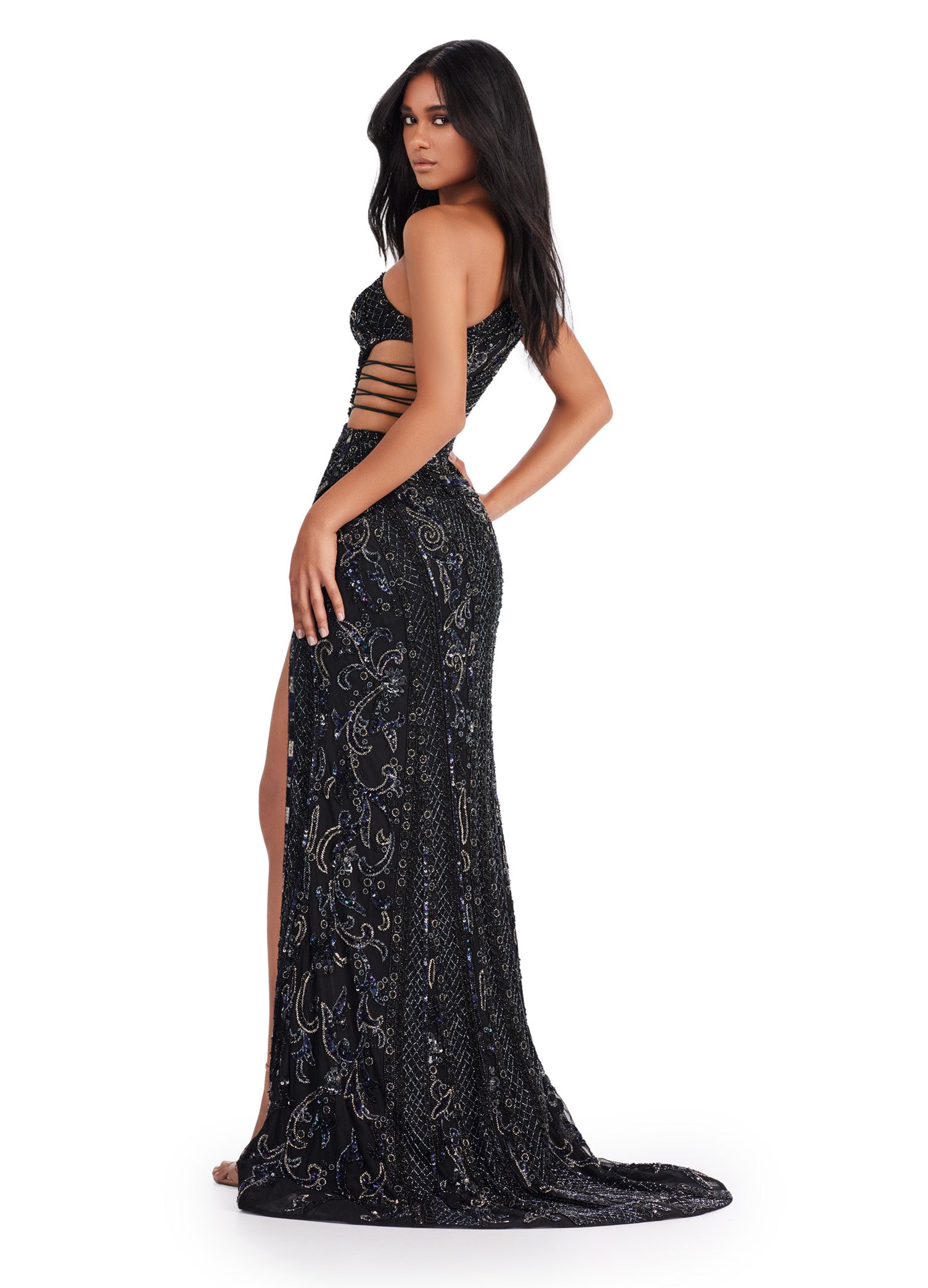 Black Beaded Evening Gown with Cut-Out Design and Thigh-High Slit – Glamorous Formal Wear