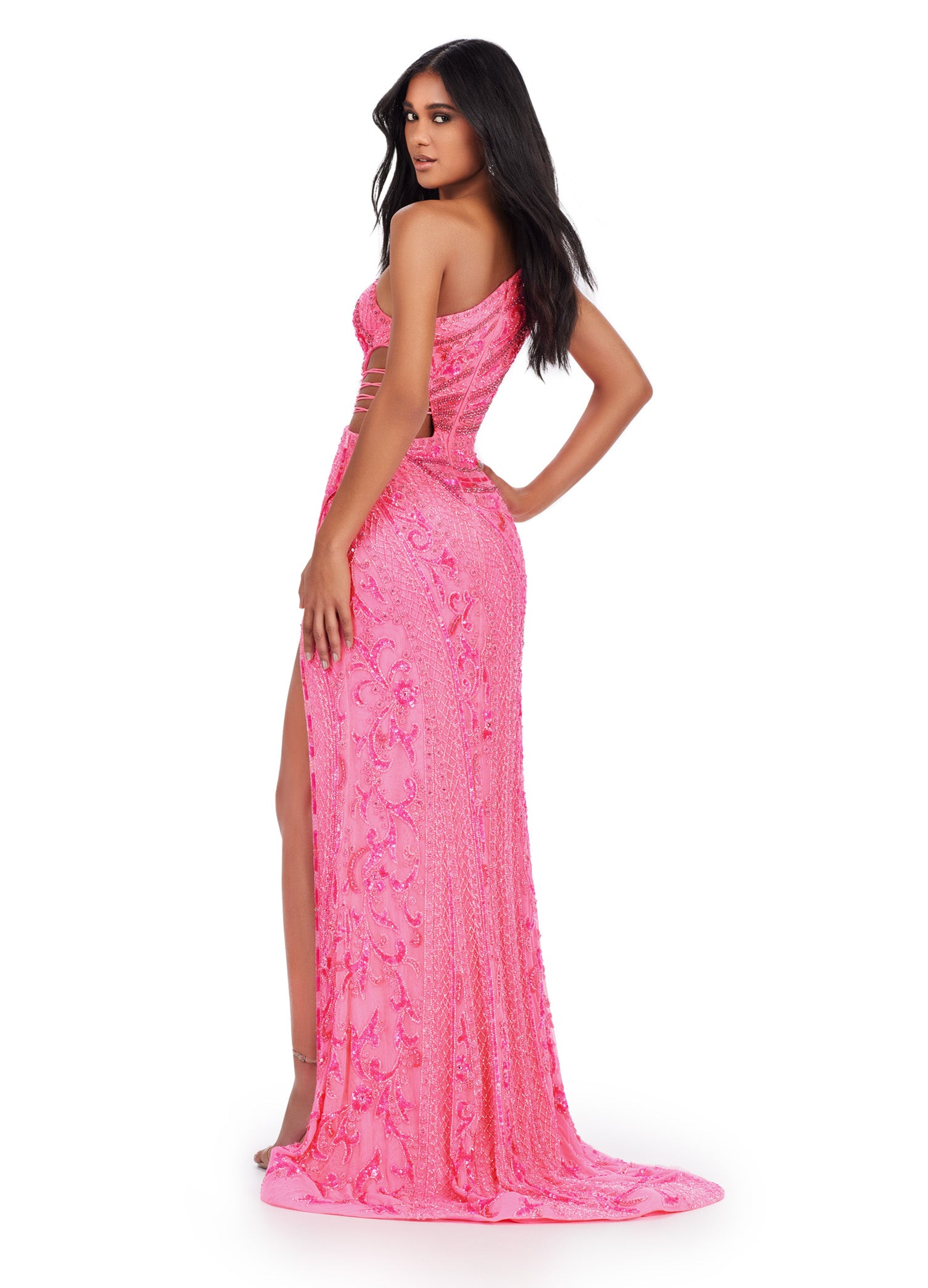 Pink Beaded Evening Gown with Cut-Out Design and Thigh-High Slit – Glamorous Formal Wear