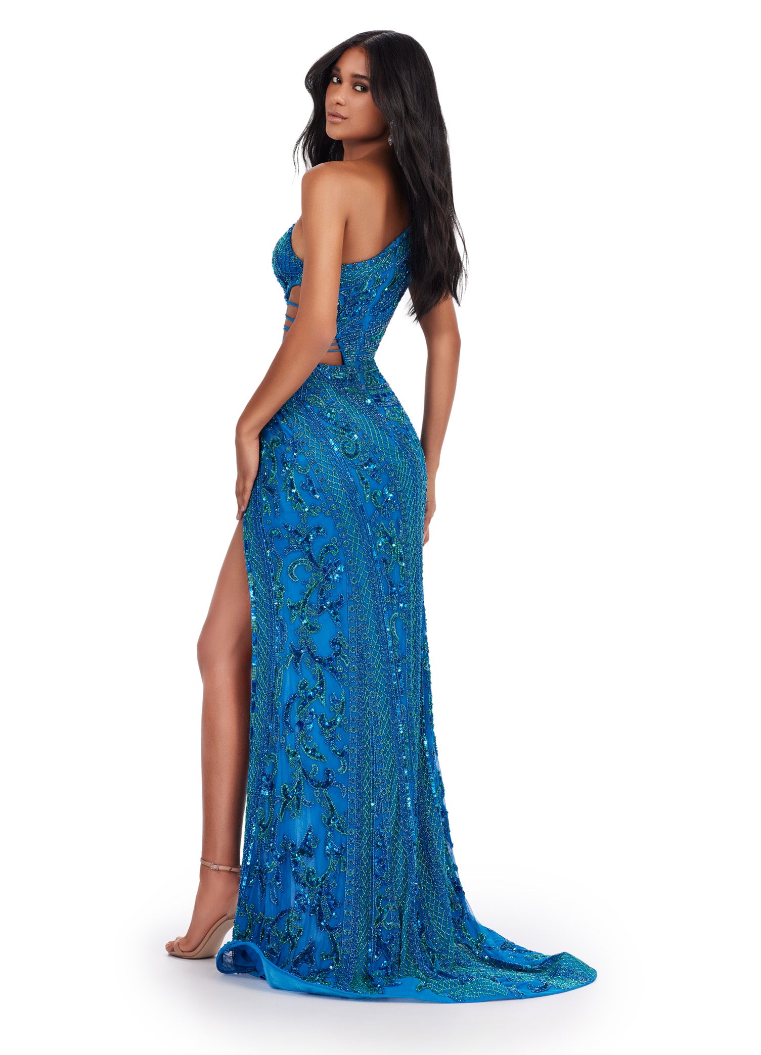 Teal Beaded Evening Gown with Cut-Out Design and Thigh-High Slit – Glamorous Formal Wear