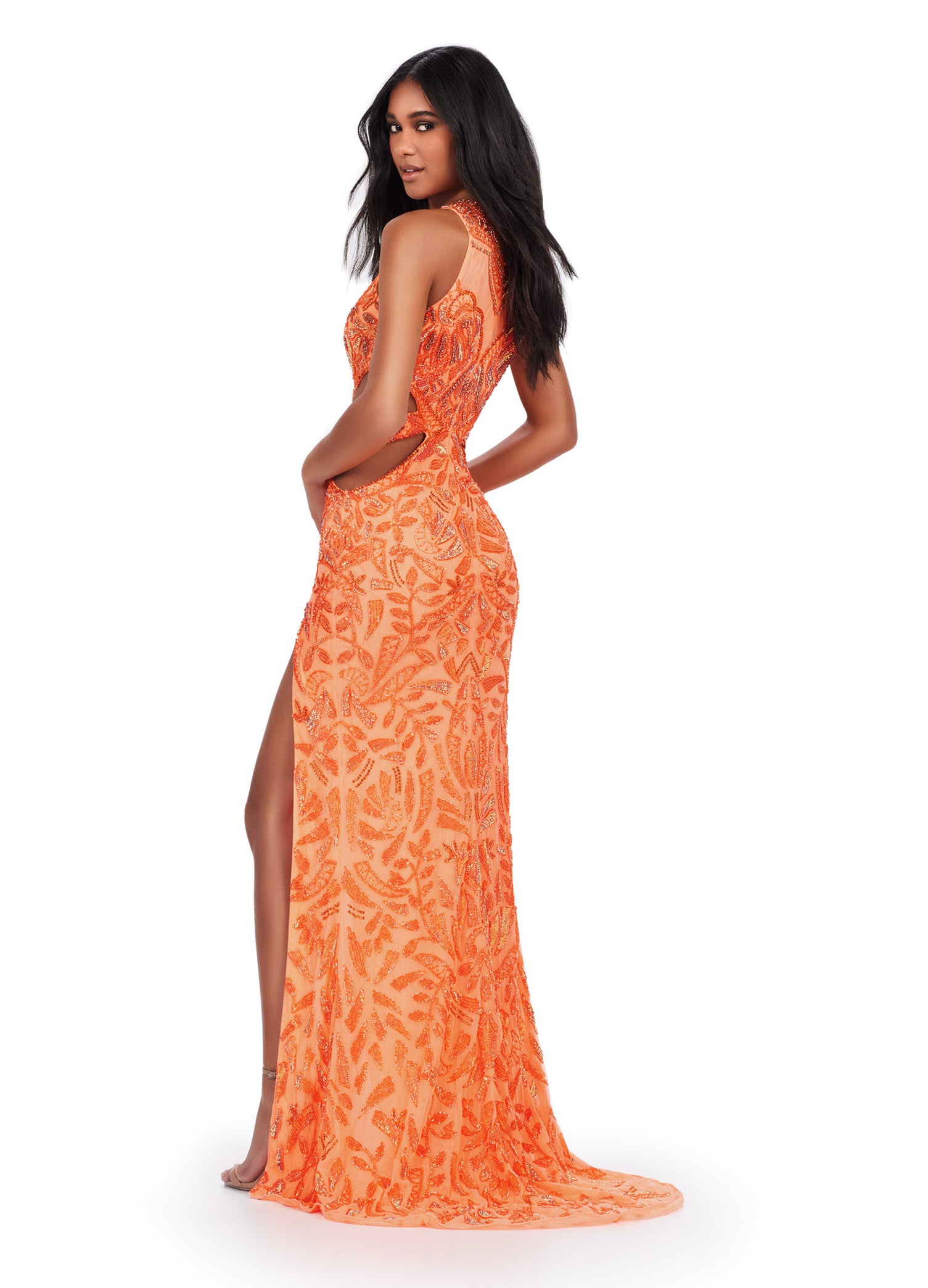 Orange Beaded Cut-Out Evening Gown with Thigh-High Slit – Stunning Formal Dress for Special Events