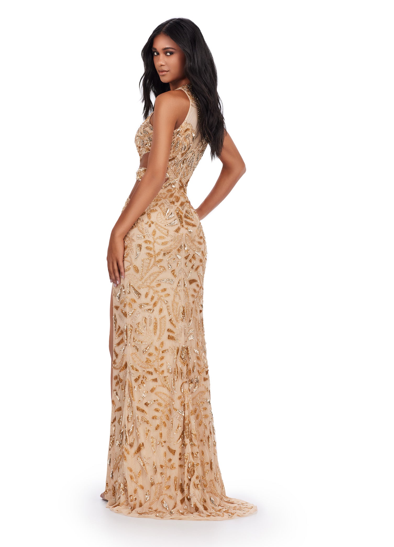 Gold Beaded Cut-Out Evening Gown with Thigh-High Slit – Stunning Formal Dress for Special Events