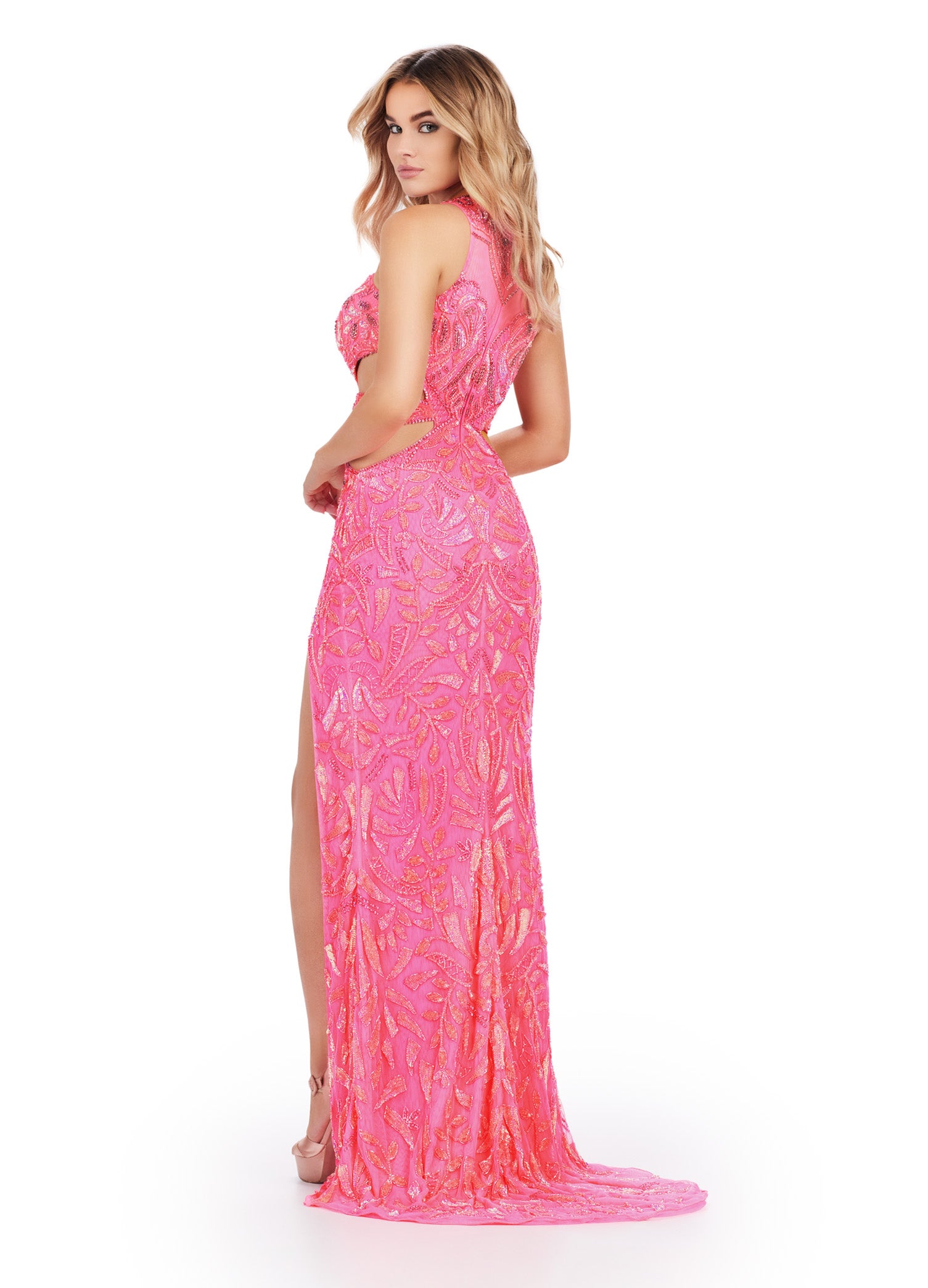 Pink Beaded Cut-Out Evening Gown with Thigh-High Slit – Stunning Formal Dress for Special Events