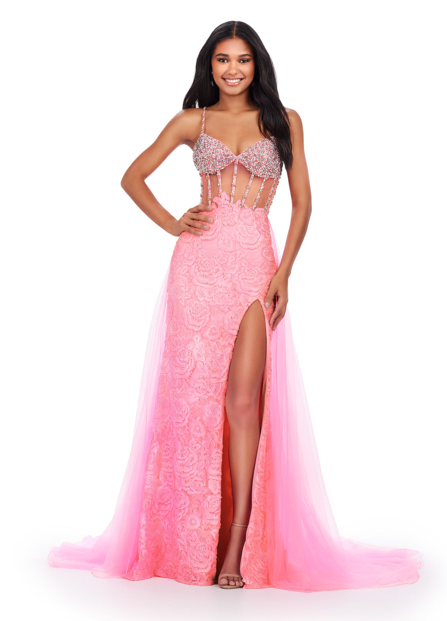 Strappy Gown With Embellished Bodice And Lace Skirt With Thigh Slit

