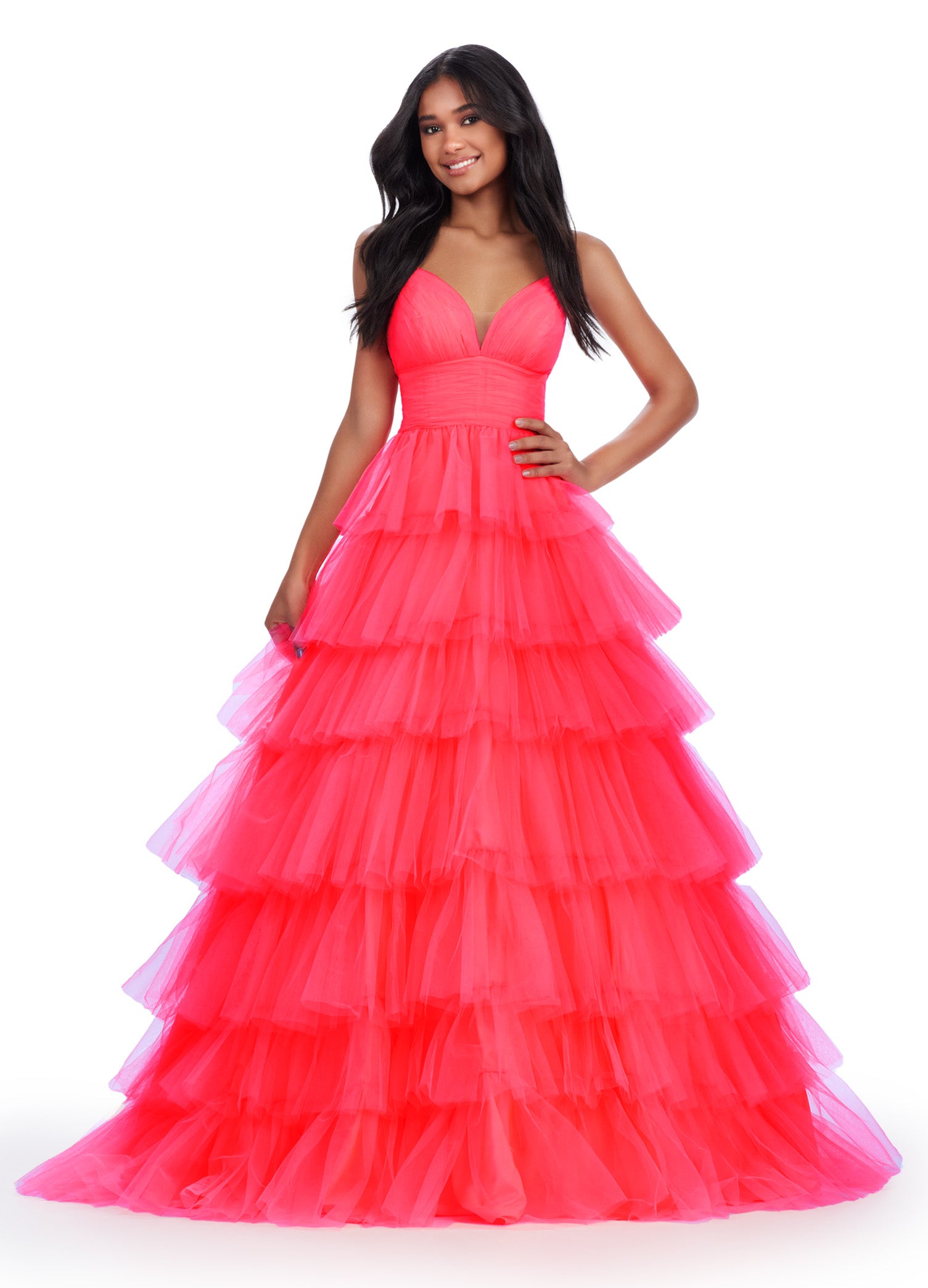 Neon Coral Tiered Tulle Ball Gown with Plunge Neckline – Dreamy and Elegant Evening Dress