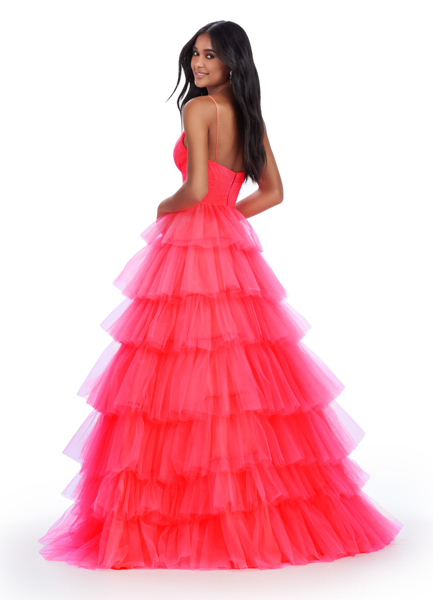 Neon Coral Tiered Tulle Ball Gown with Plunge Neckline – Dreamy and Elegant Evening Dress