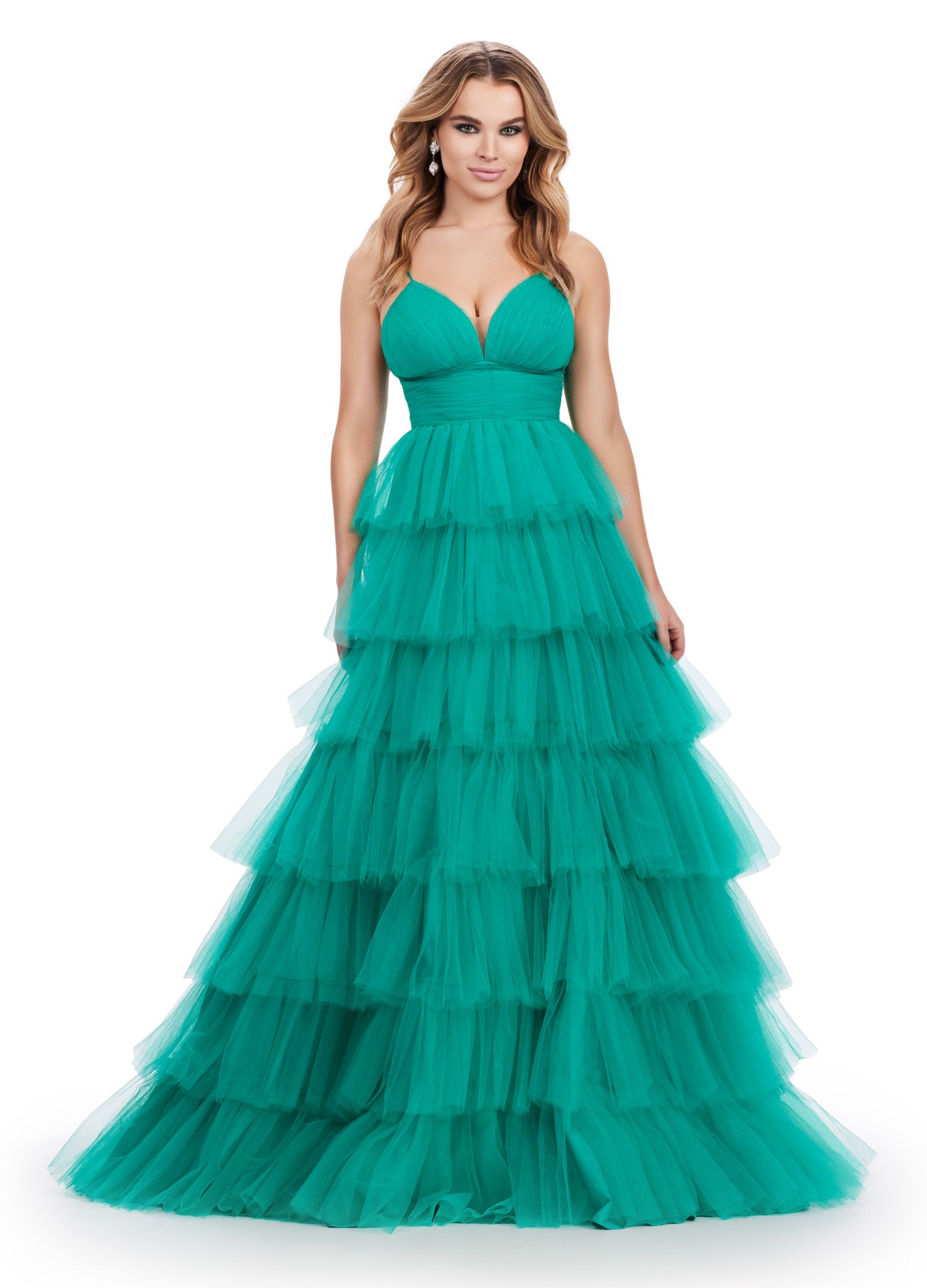 Jade Green Tiered Tulle Ball Gown with Plunge Neckline – Dreamy and Elegant Evening Dress