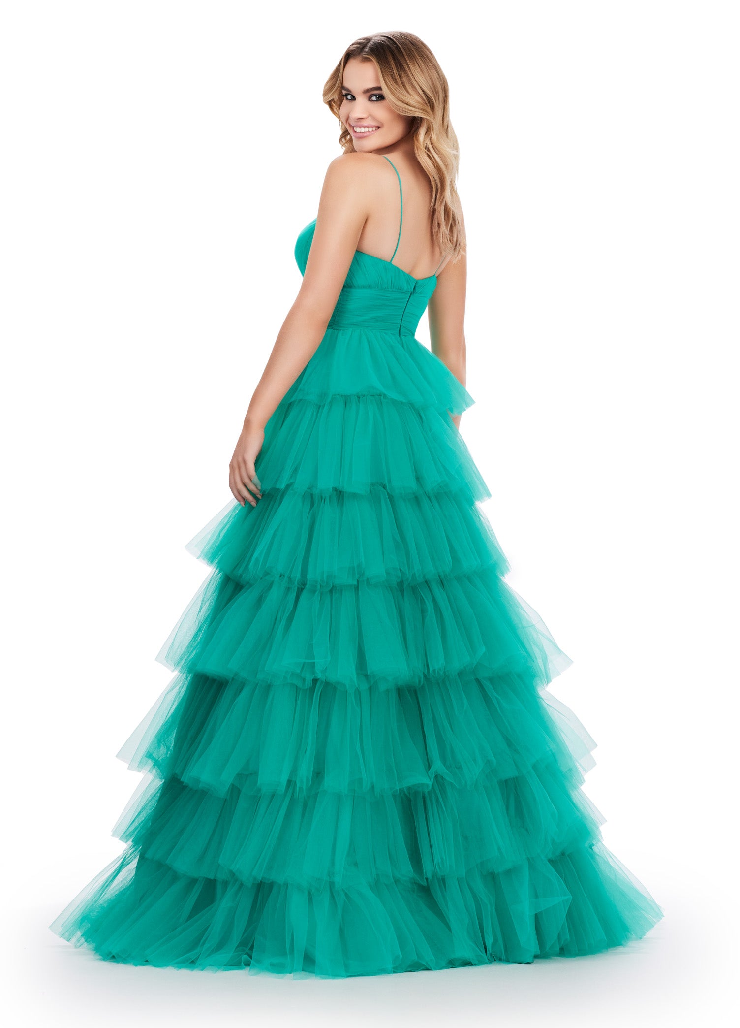 Jade Green Tiered Tulle Ball Gown with Plunge Neckline – Dreamy and Elegant Evening Dress