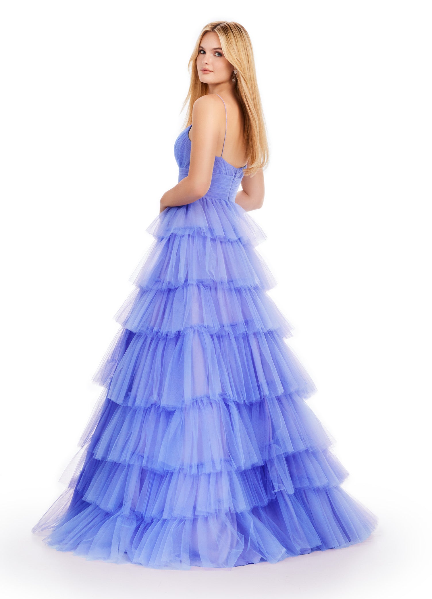 Lilac Tiered Tulle Ball Gown with Plunge Neckline – Dreamy and Elegant Evening Dress