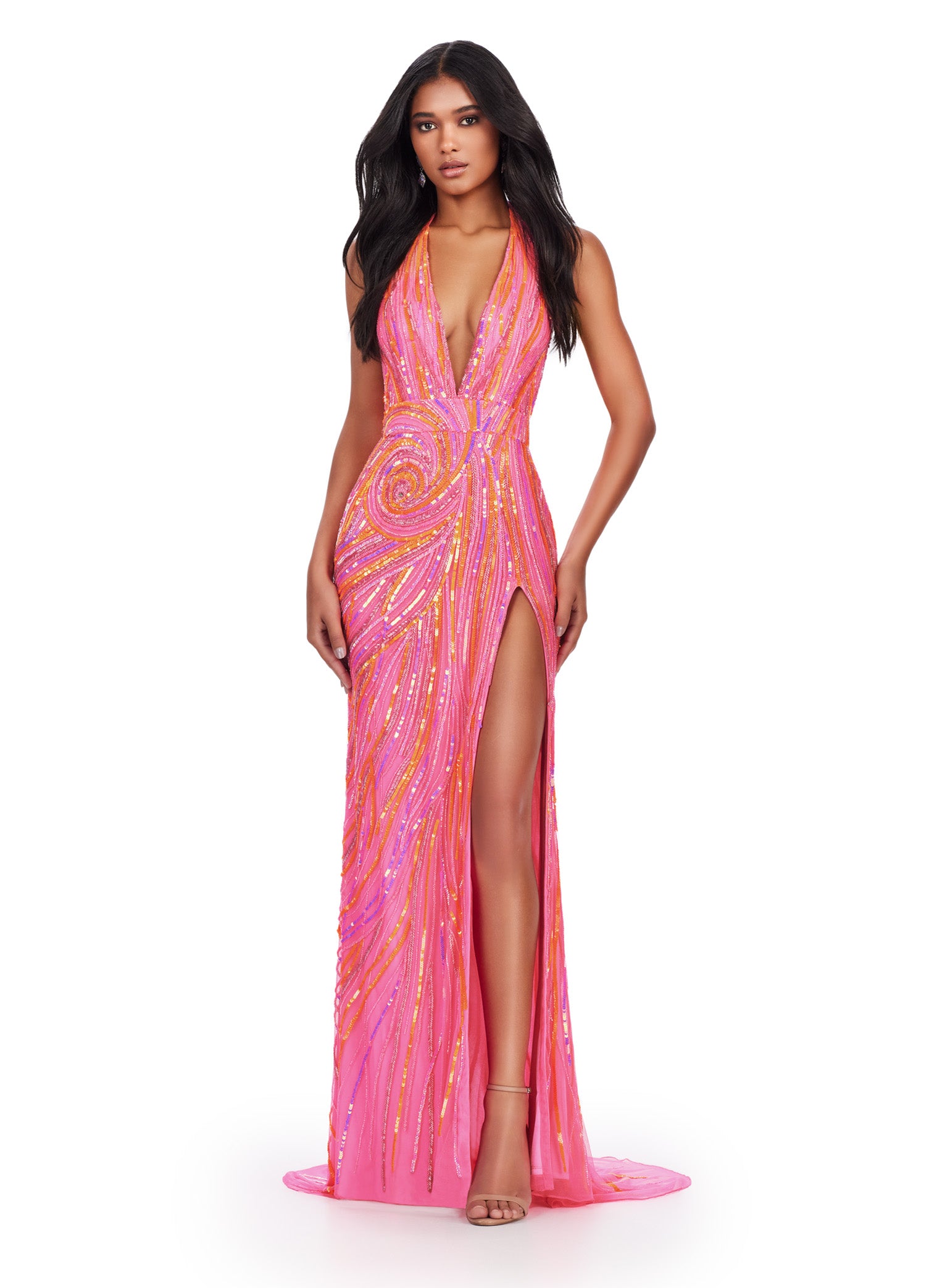 Pink and Purple Halter Neck Sequin Evening Gown with Plunge Neckline and Thigh-High Slit – Glamorous Formal Wear