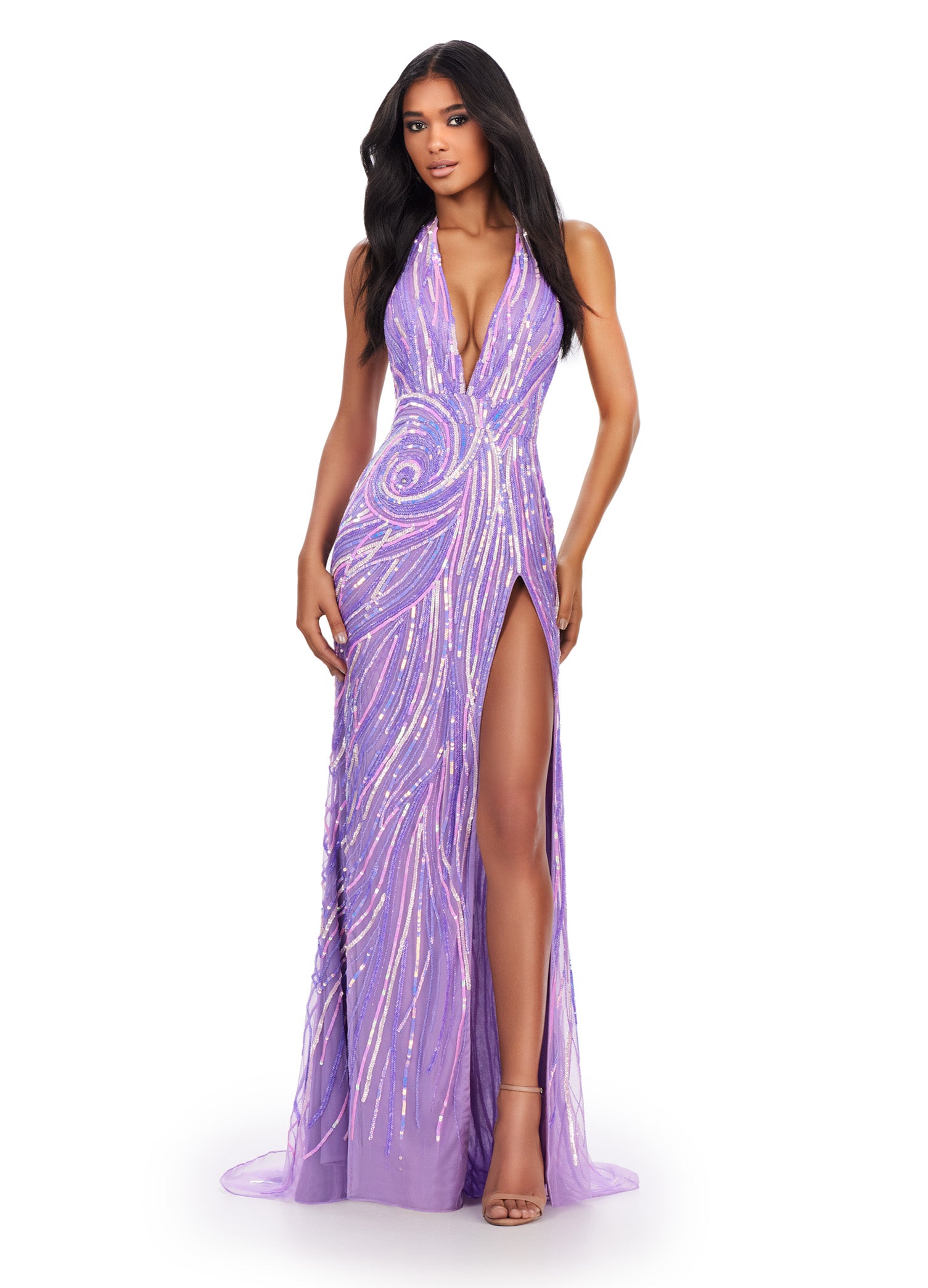 Purple Halter Neck Sequin Evening Gown with Plunge Neckline and Thigh-High Slit – Glamorous Formal Wear