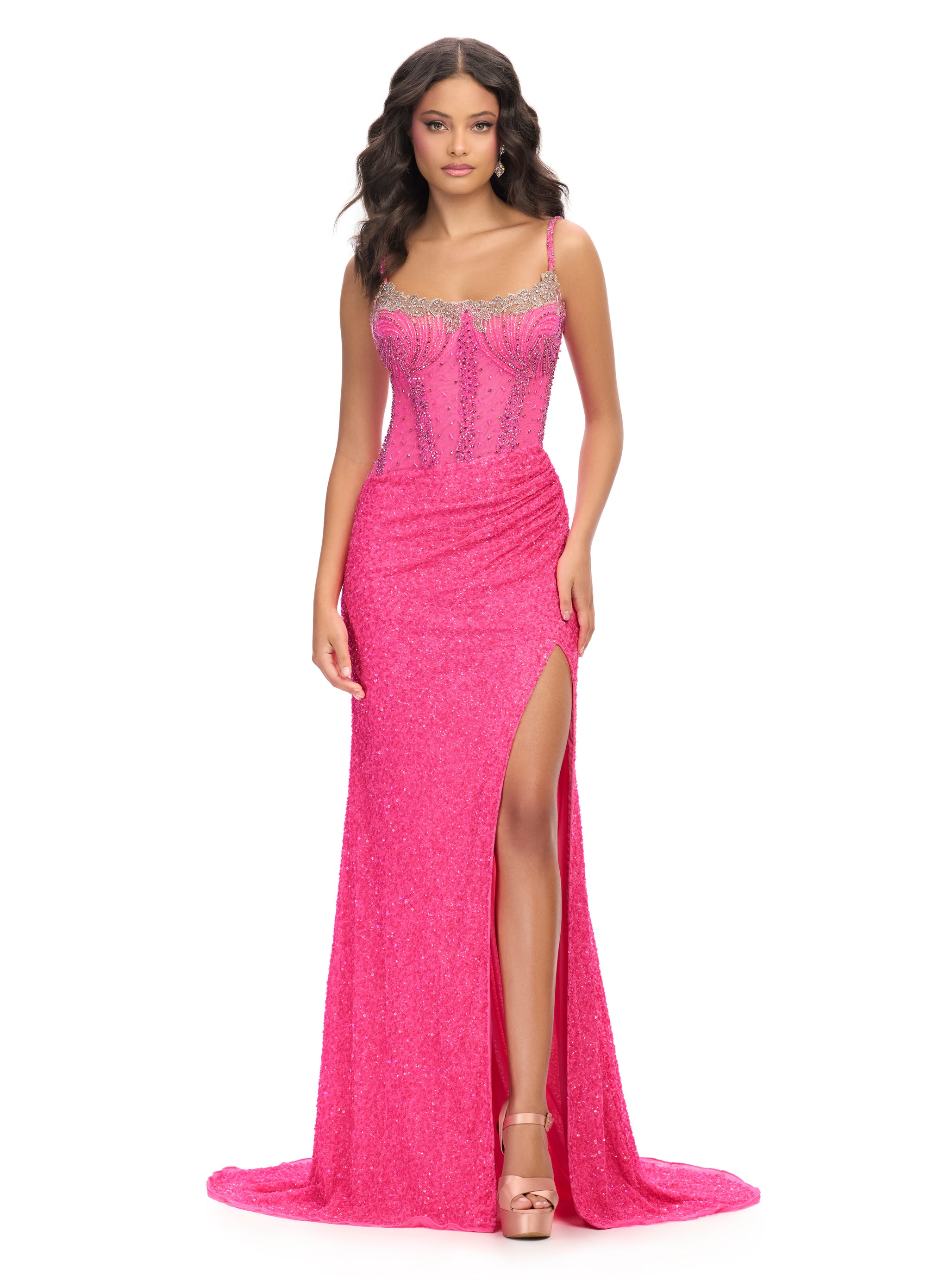 Pink Corset-Style Beaded Evening Gown with Thigh-High Slit – Elegant Formal Wear