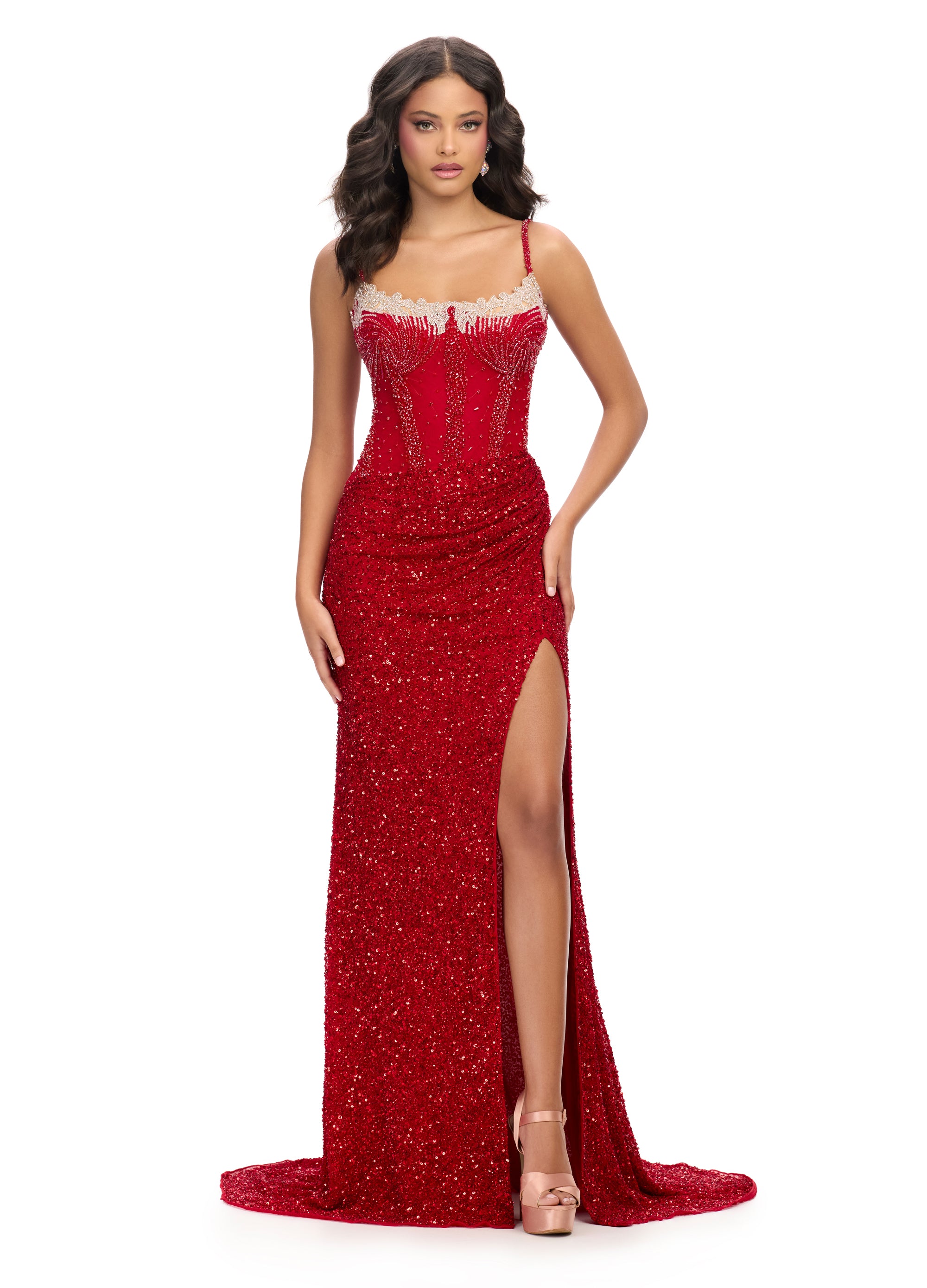 Red Corset-Style Beaded Evening Gown with Thigh-High Slit – Elegant Formal Wear