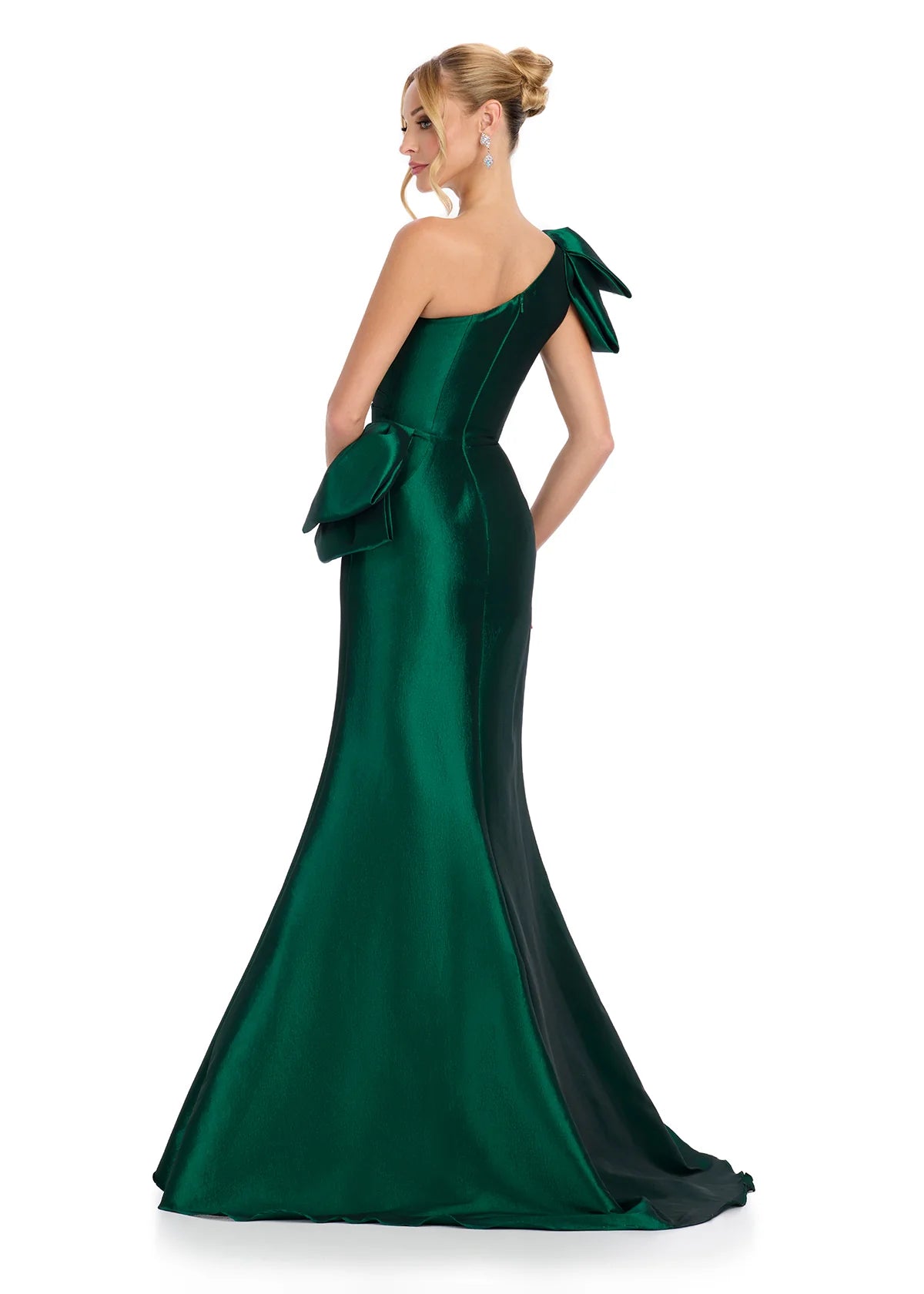 Back view - Emerald green elegant one-shoulder evening gown with a statement bow accent, fitted silhouette, and flared mermaid hemline for a sophisticated and timeless look.