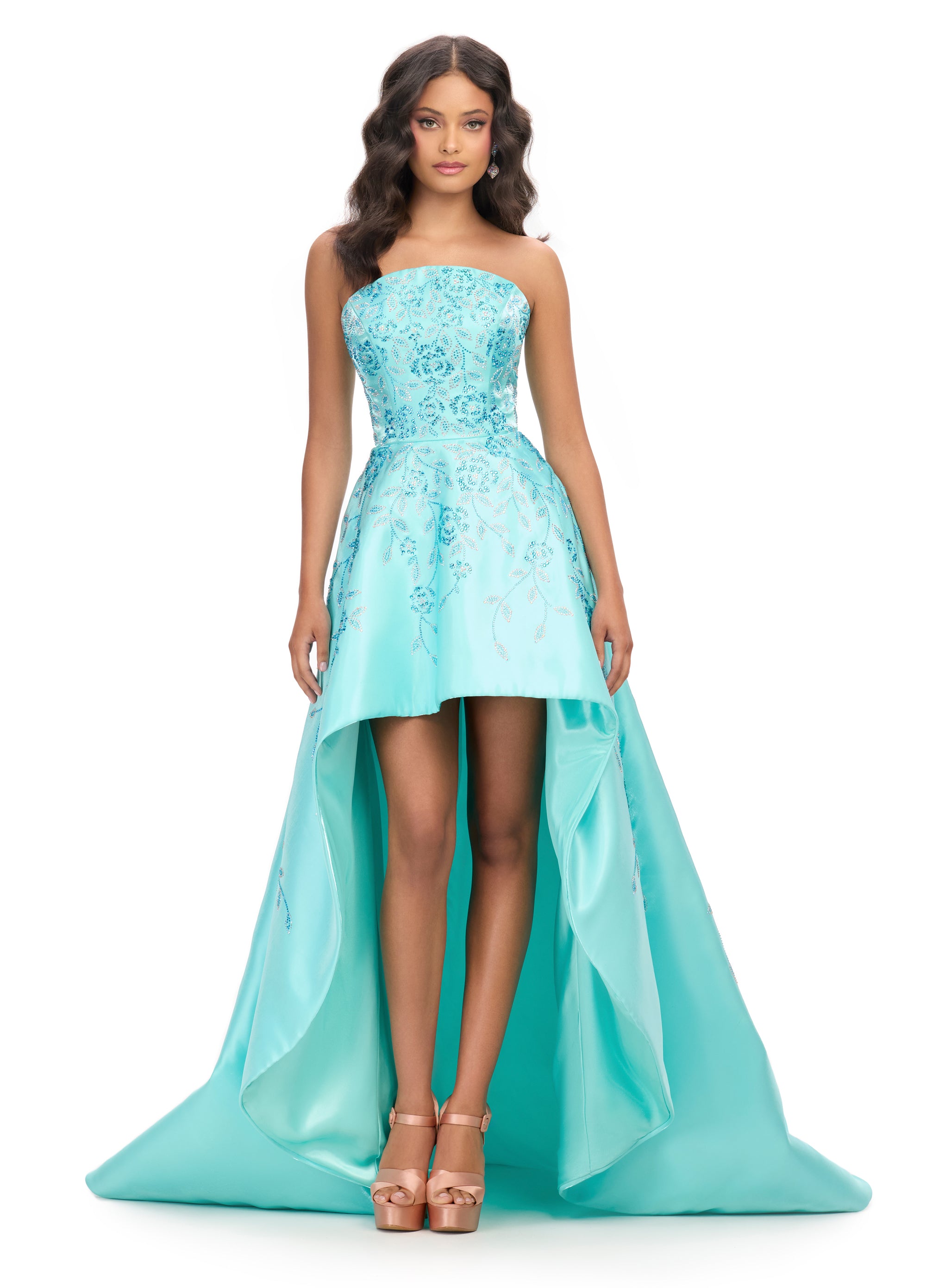 Aqua Strapless High-Low Pink Gown with Embellished Bodice | Playful and Elegant Dress for Special Occasions