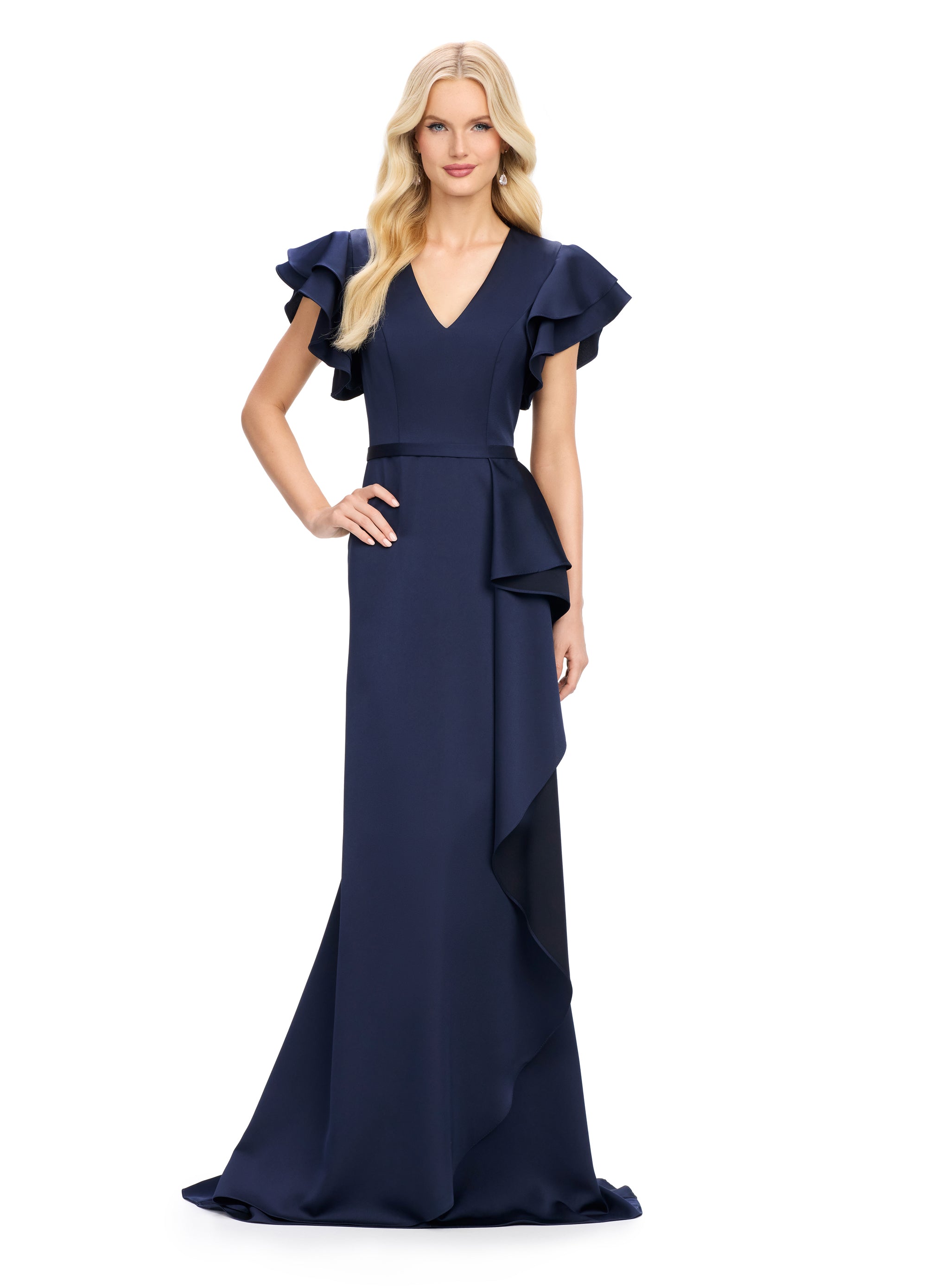 Navy Gown with Ruffled Cap Sleeves and Cascading Side Drape | Sophisticated Evening Dress for Formal Events