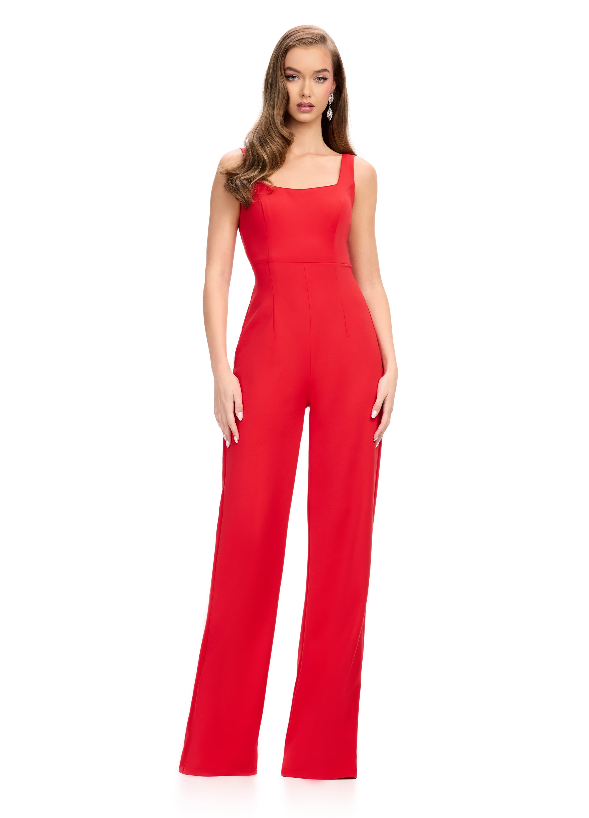 Square-Neck Red Jumpsuit with Wide-Leg Silhouette | Elegant and Modern Evening Wear