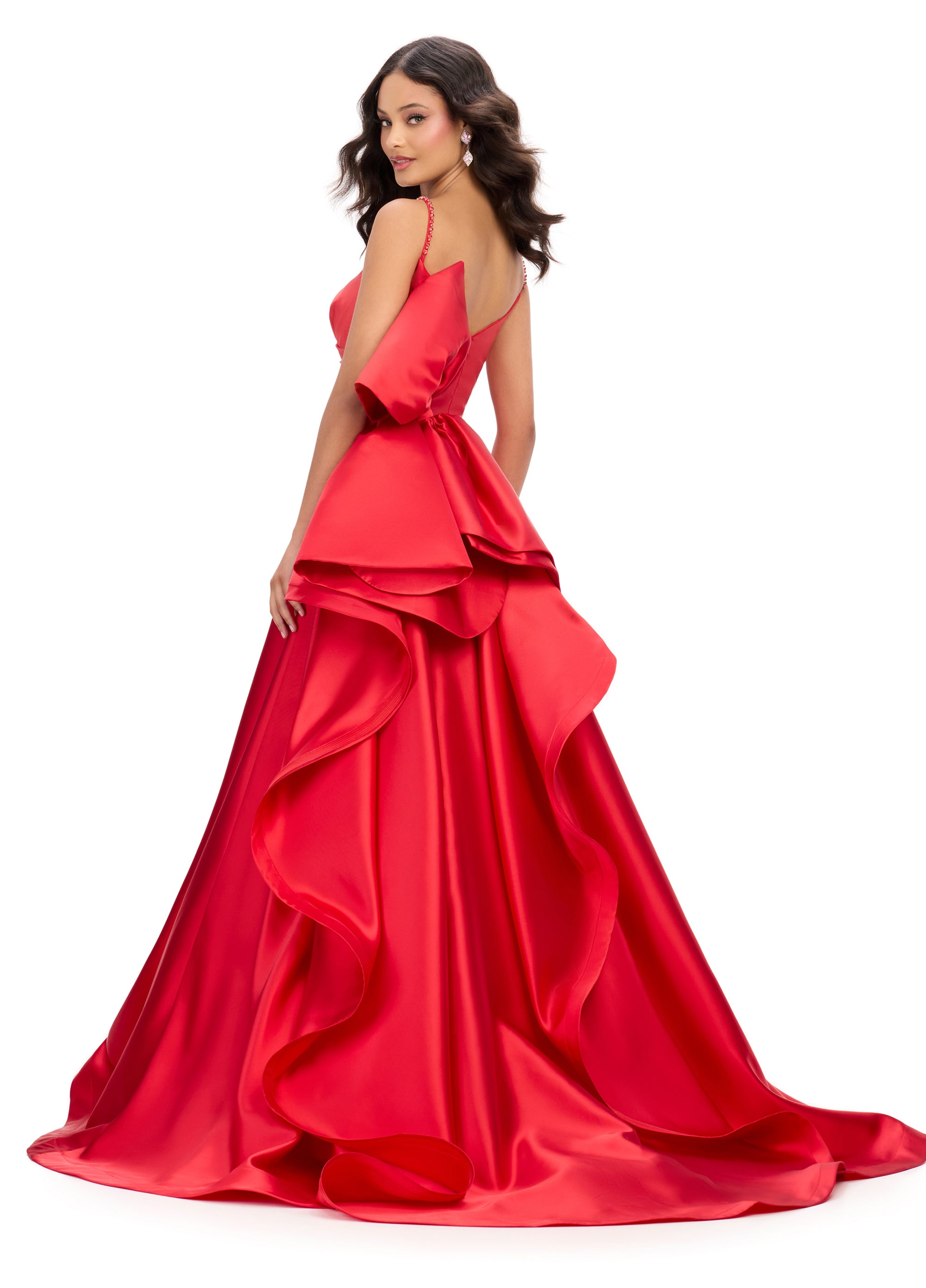 Classic red A-line gown with beaded straps and sweetheart neckline and avant garde bow back
