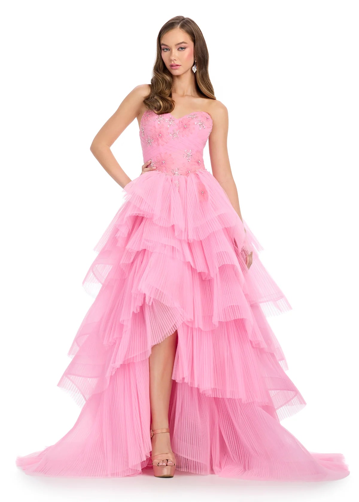 Pink Strapless Tiered Evening Gown With Sweetheart Neckline, Embellished Bodice, and High-Low Ruffle Skirt