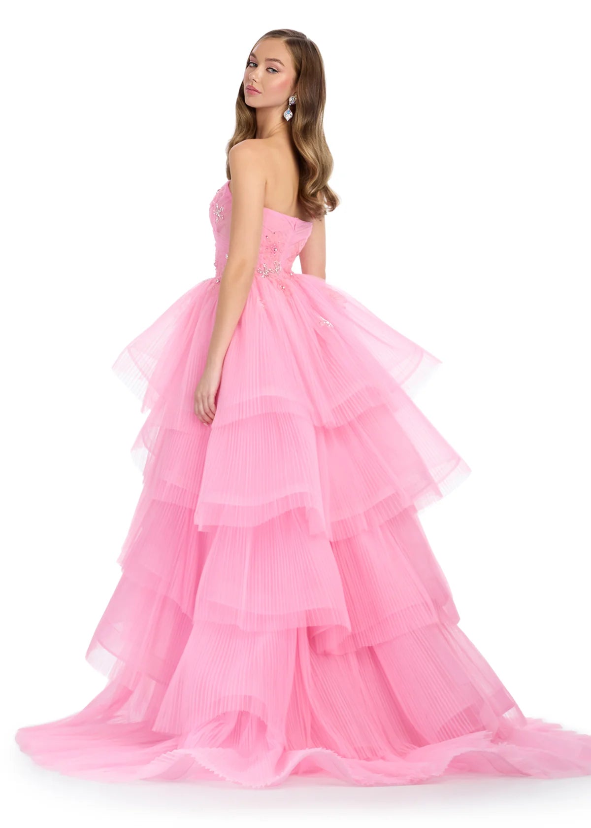 Back View - Pink Strapless Tiered Evening Gown With Sweetheart Neckline, Embellished Bodice, and High-Low Ruffle Skirt