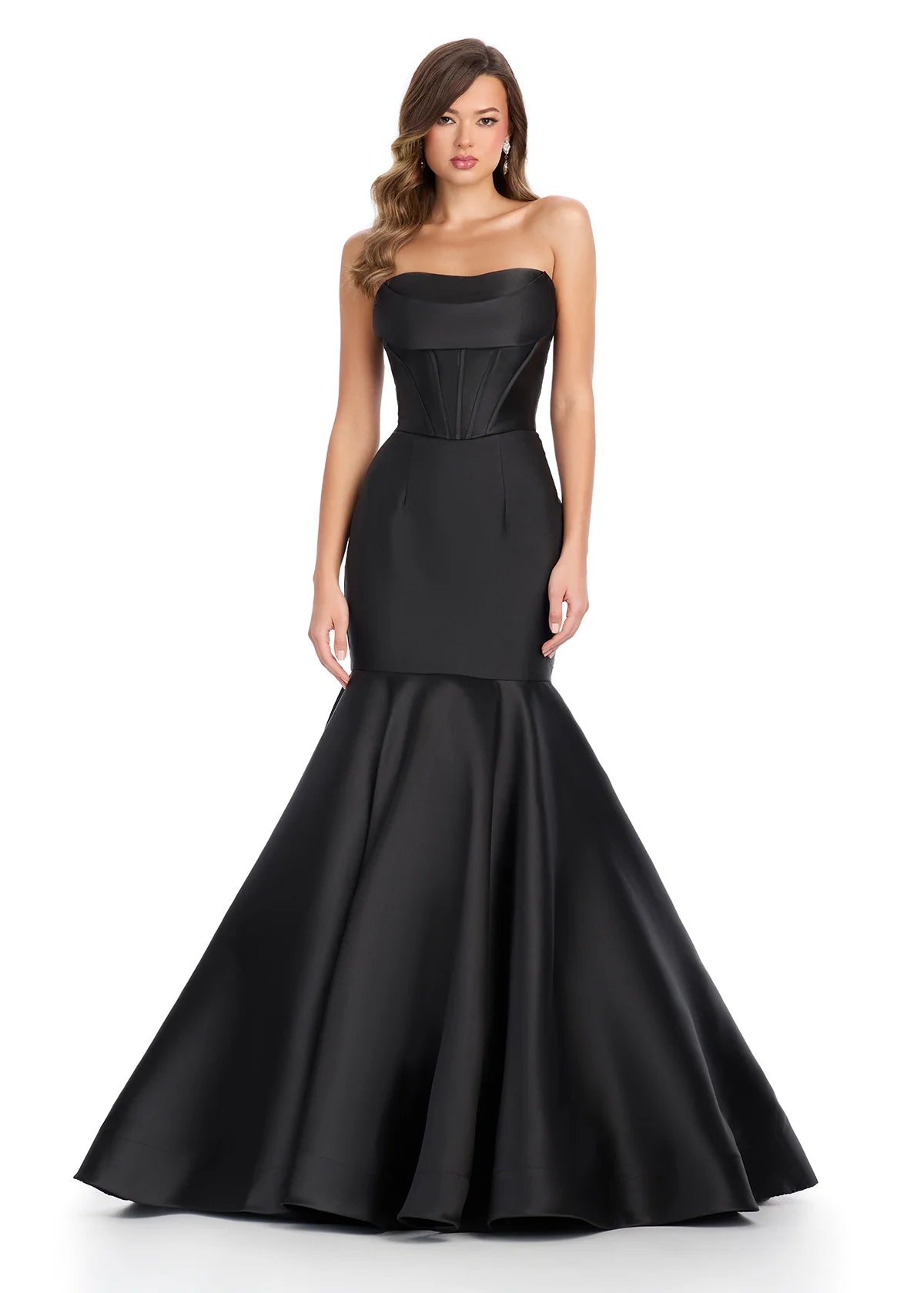 Strapless Black Mermaid Gown Featuring A Satin Corset Bodice And Dramatic Flared Skirt.