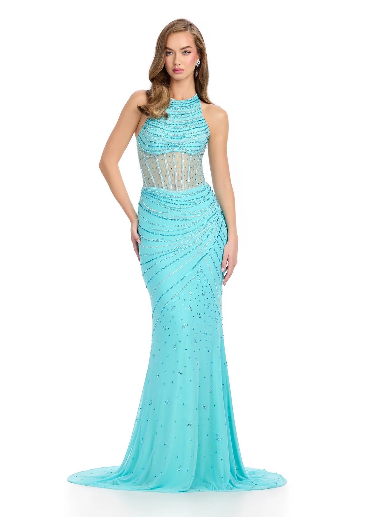 Graceful aqua floor-length gown featuring a halter neckline, sheer corset-style bodice with intricate embellishments, ruched detailing, and a flowing train for an elegant and feminine look.