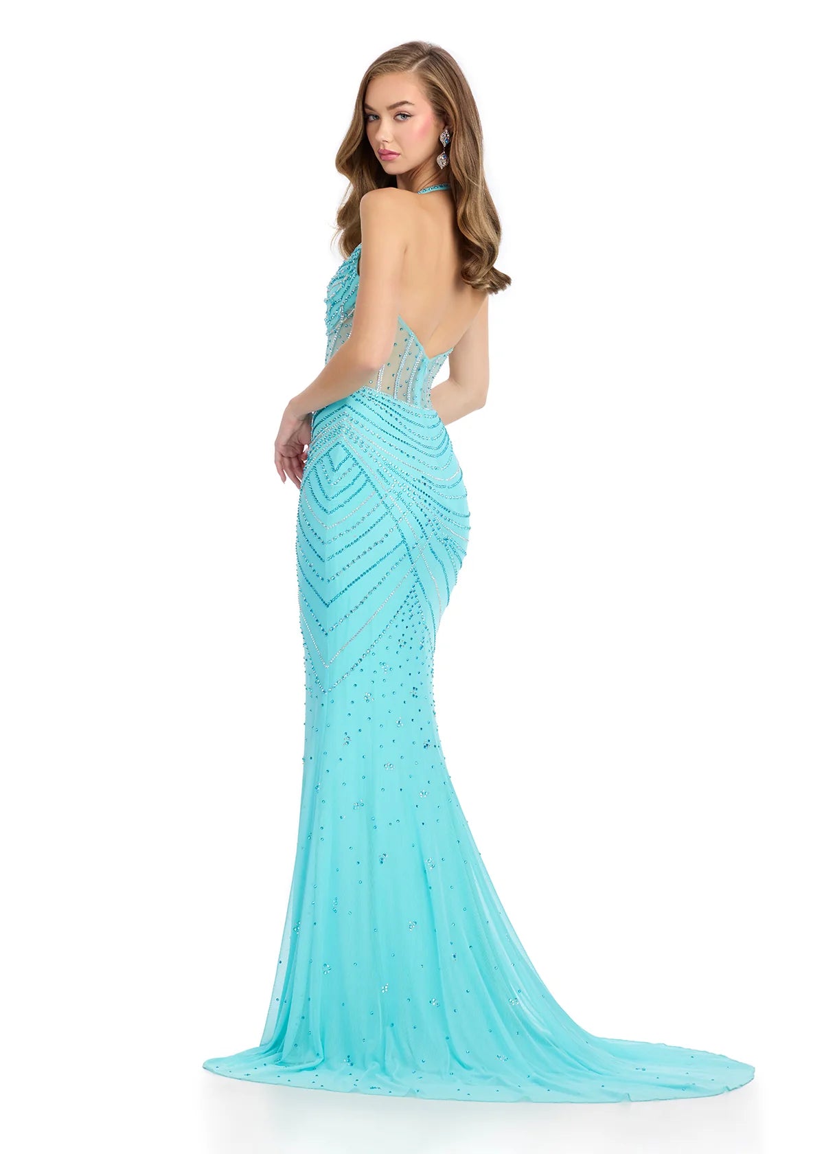 Back view - Graceful aqua floor-length gown featuring a halter neckline, sheer corset-style bodice with intricate embellishments, ruched detailing, and a flowing train for an elegant and feminine look.