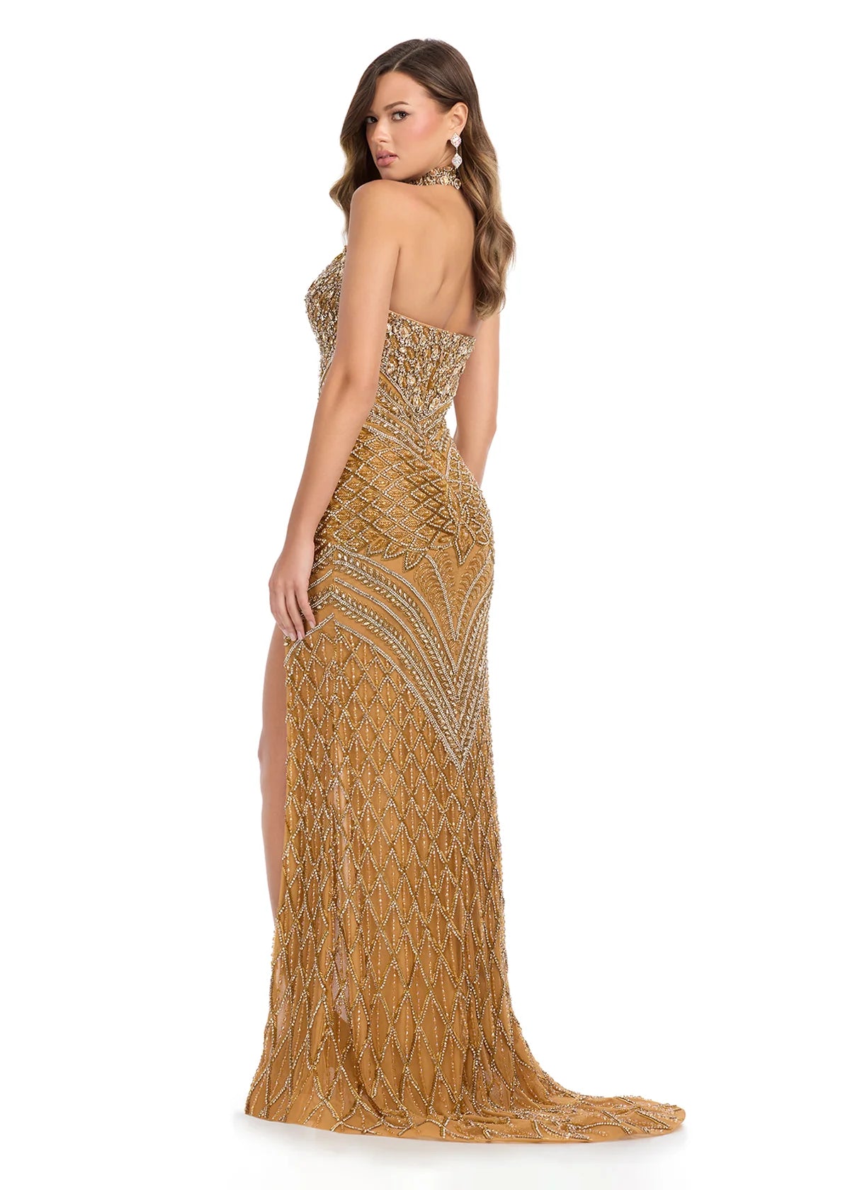 Back view - Opulent gold floor-length gown featuring a plunging sweetheart neckline, intricate beadwork, high-neck choker detail, and a thigh-high slit for a regal and glamorous look.