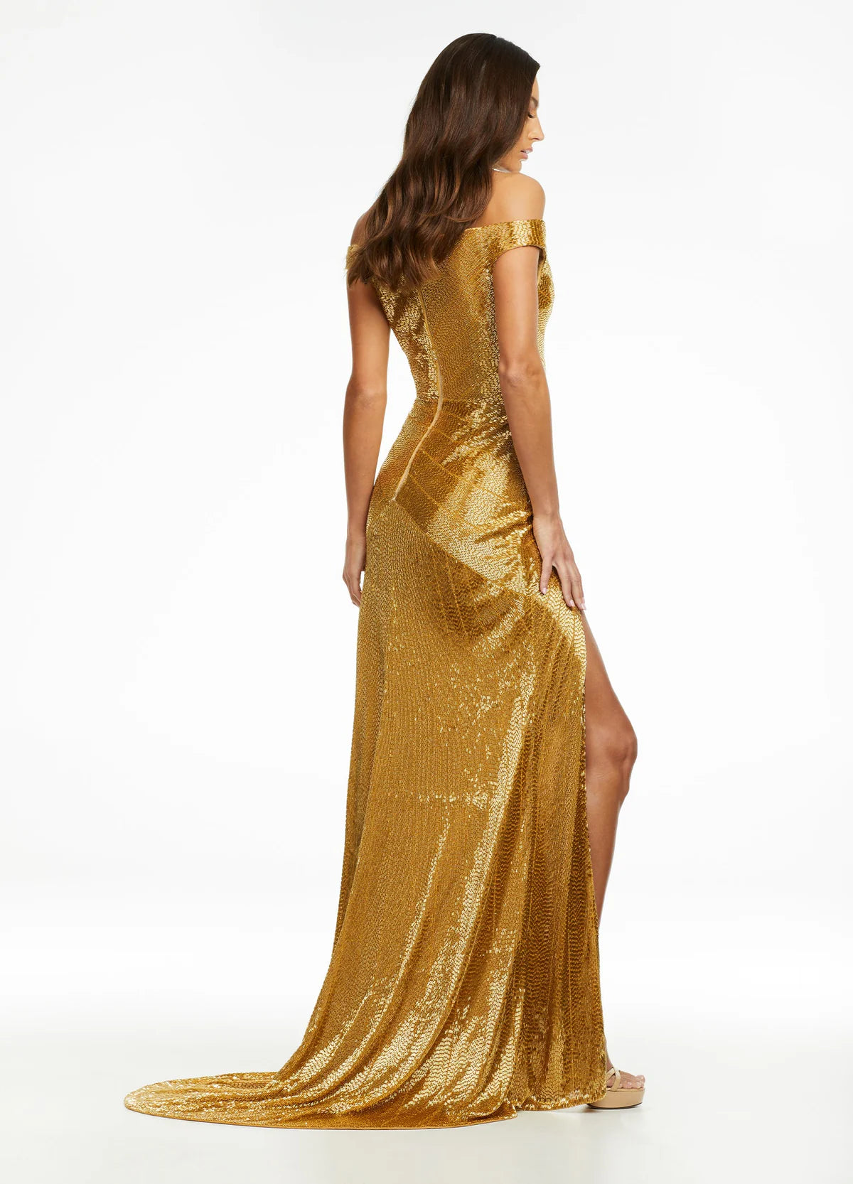 Gold Off-Shoulder Sequin Gown with Thigh-High Slit | Glamorous Evening Dress for Special Occasions






