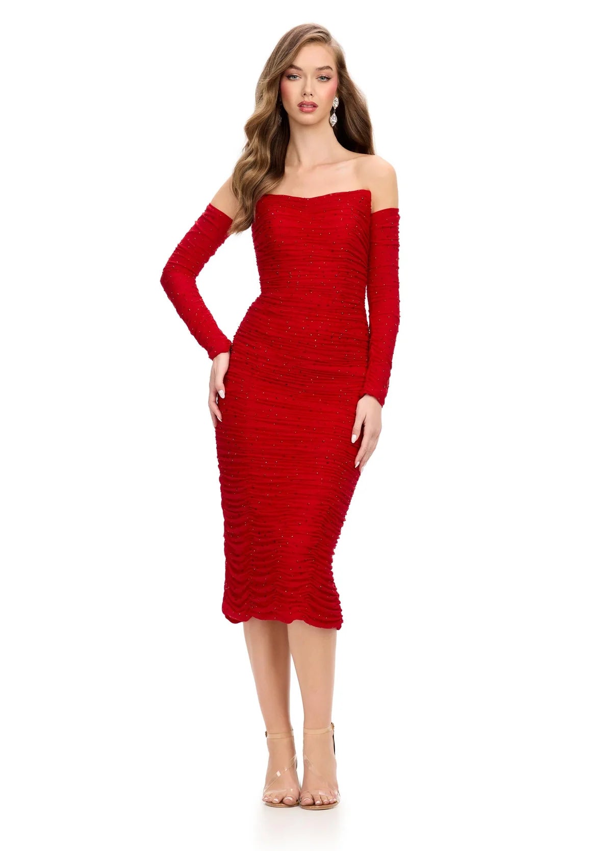 Ruby red midi dress with an off-the-shoulder neckline, ruched detailing, and subtle embellishments, creating a timeless and sophisticated silhouette.