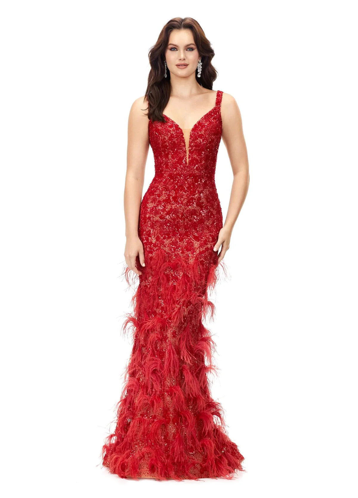 Ava ASHLEYlauren Dress | Red Beaded Evening Gown With Feather Details